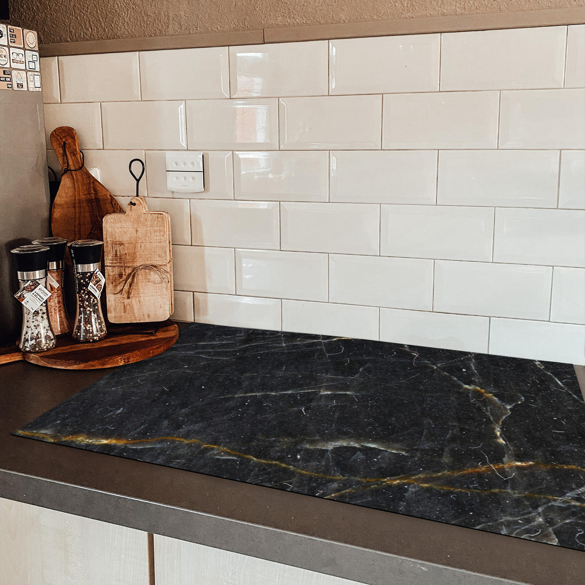 HERDABDECKPLATTE Marmor - Schwarz - Gold - Grau - Marmorstruktur 83x51 cm - Goldfarben, Kunststoff (83/0.2/51.5cm) - MuchoWow