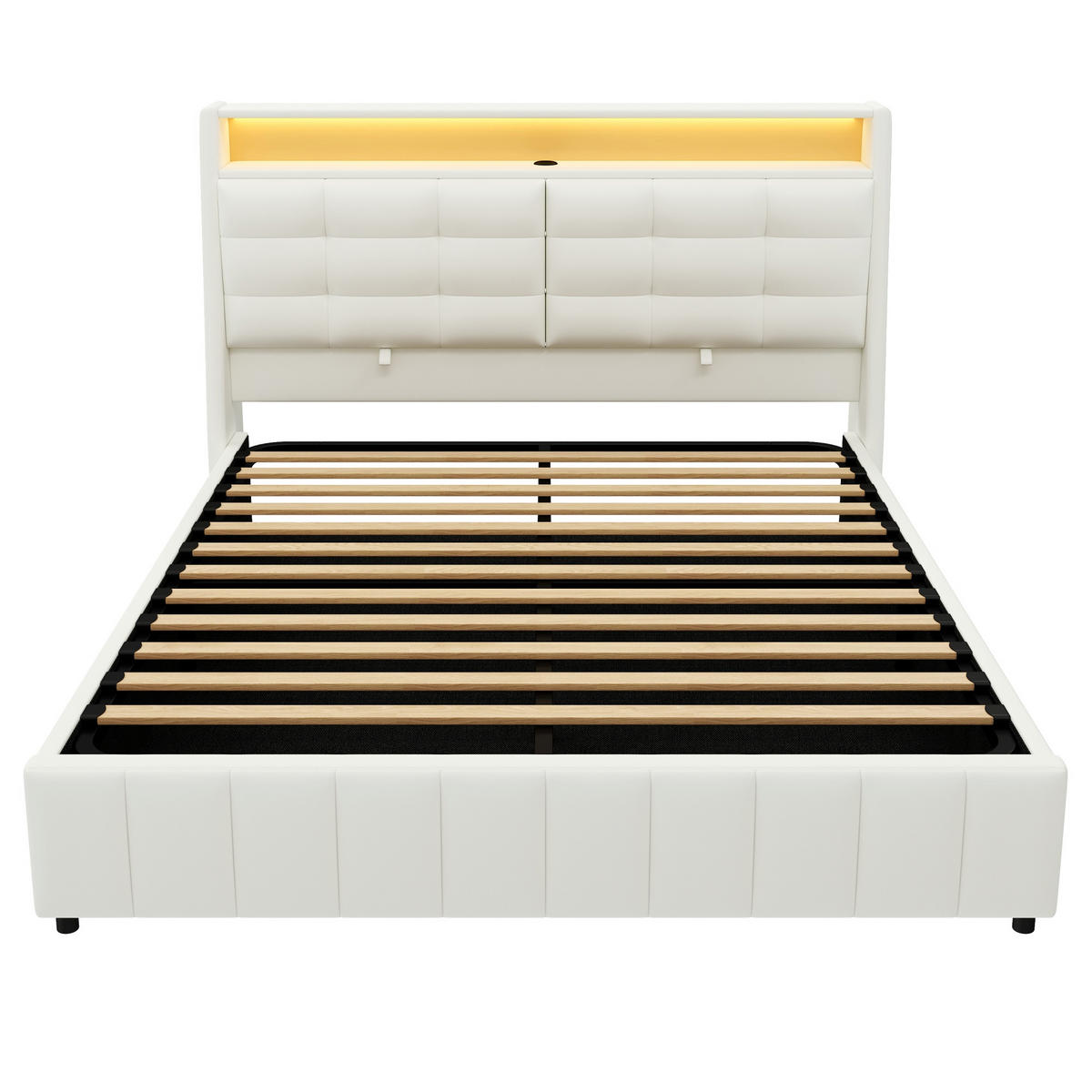 POLSTERBETT 160/200 cm Weiß mit LED-Beleuchtung USB-Anschlüssen und Stauraum - Weiß, Textil (160/200cm) - OKWISH