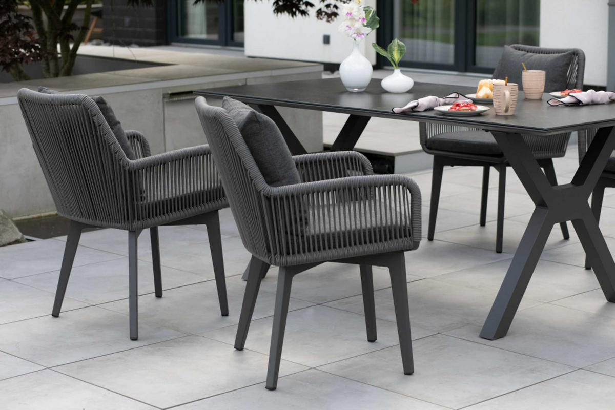 GARTENMÖBELSET Diningsessel Marbella mit Tisch Granada 200 x 90 cm - Grau, Metall - Mr. Deko