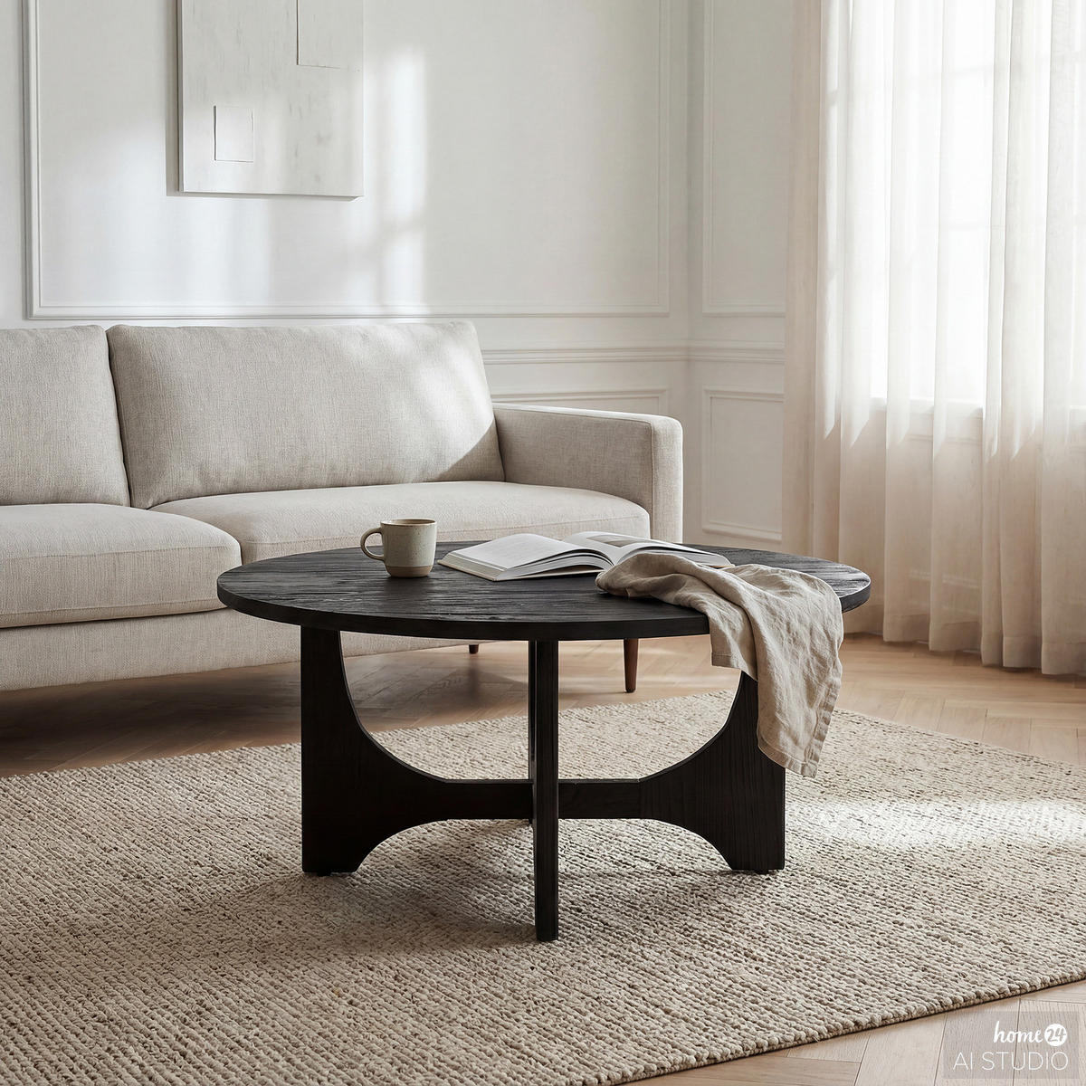 MASSIVER COUCHTISCH - rund - Pinie Schwarz - Schwarz, Holz (90/90/40cm) - home24