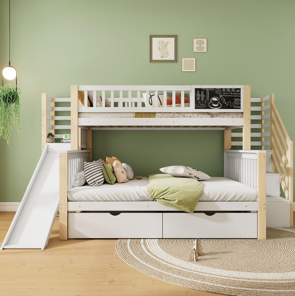 ETAGENBETT 90/200 & 140/200 cm aus massivem Kiefernholz mit Rutsche, Treppe, Stauraum und Tafel, Weiß/Natur - Weiß, Holz (140/200cm) - Redom