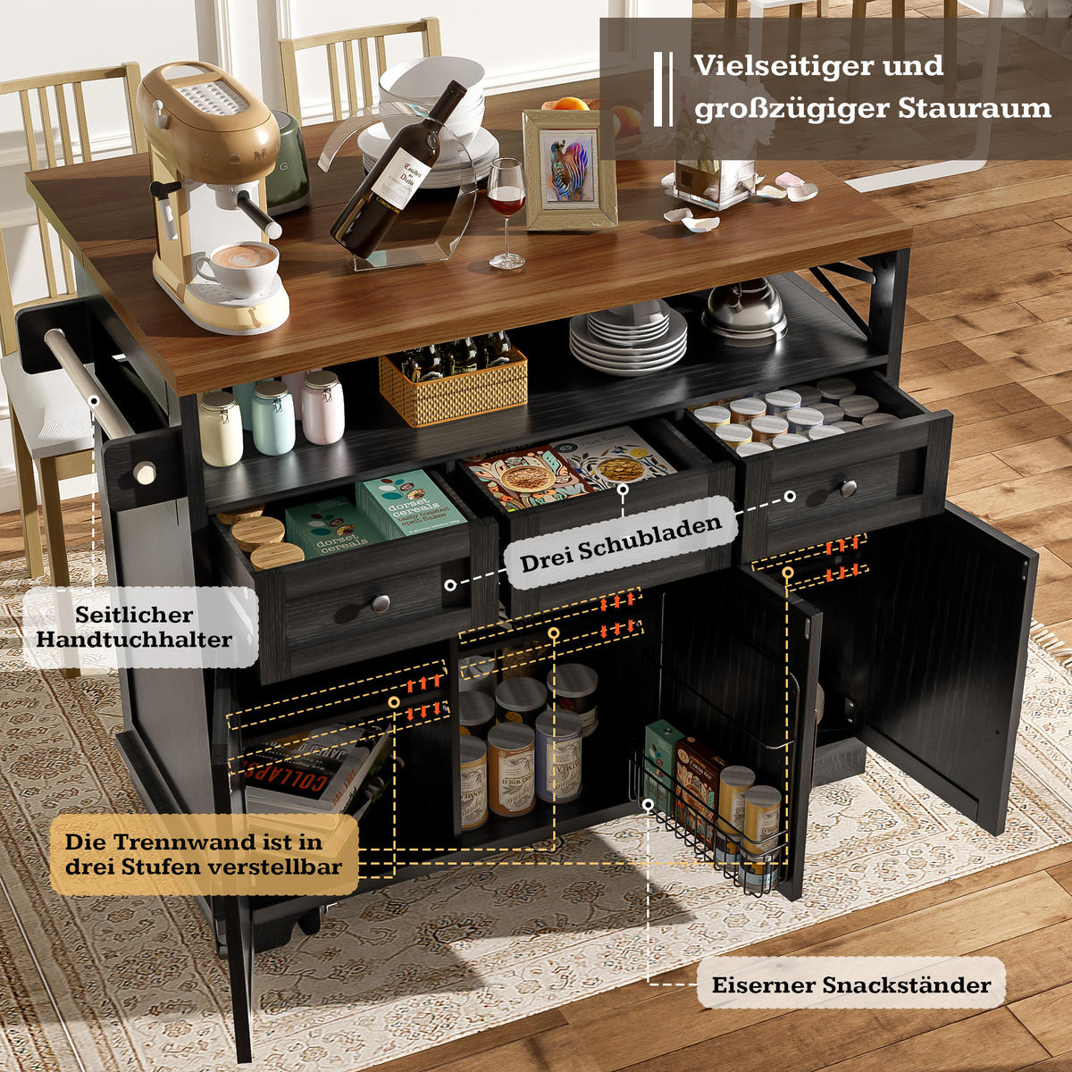 KÜCHENINSEL 118x43x98cm Schwarz mit klappbarer Platte, Schublade, Snackhalter & 5 Rollen - Schwarz, Holzwerkstoff (118/98/43cm) - Modfu