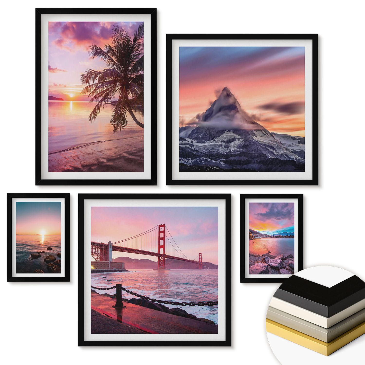 WANDBILDER 5er-Set - 50x50 cm & 20x30 cm & 40x60 cm Schwarzer Rahmen - Rosen, Champagner, Marmor, Pastell - Schwarz, Kunststoff (40/60cm) - ArtPrintCave