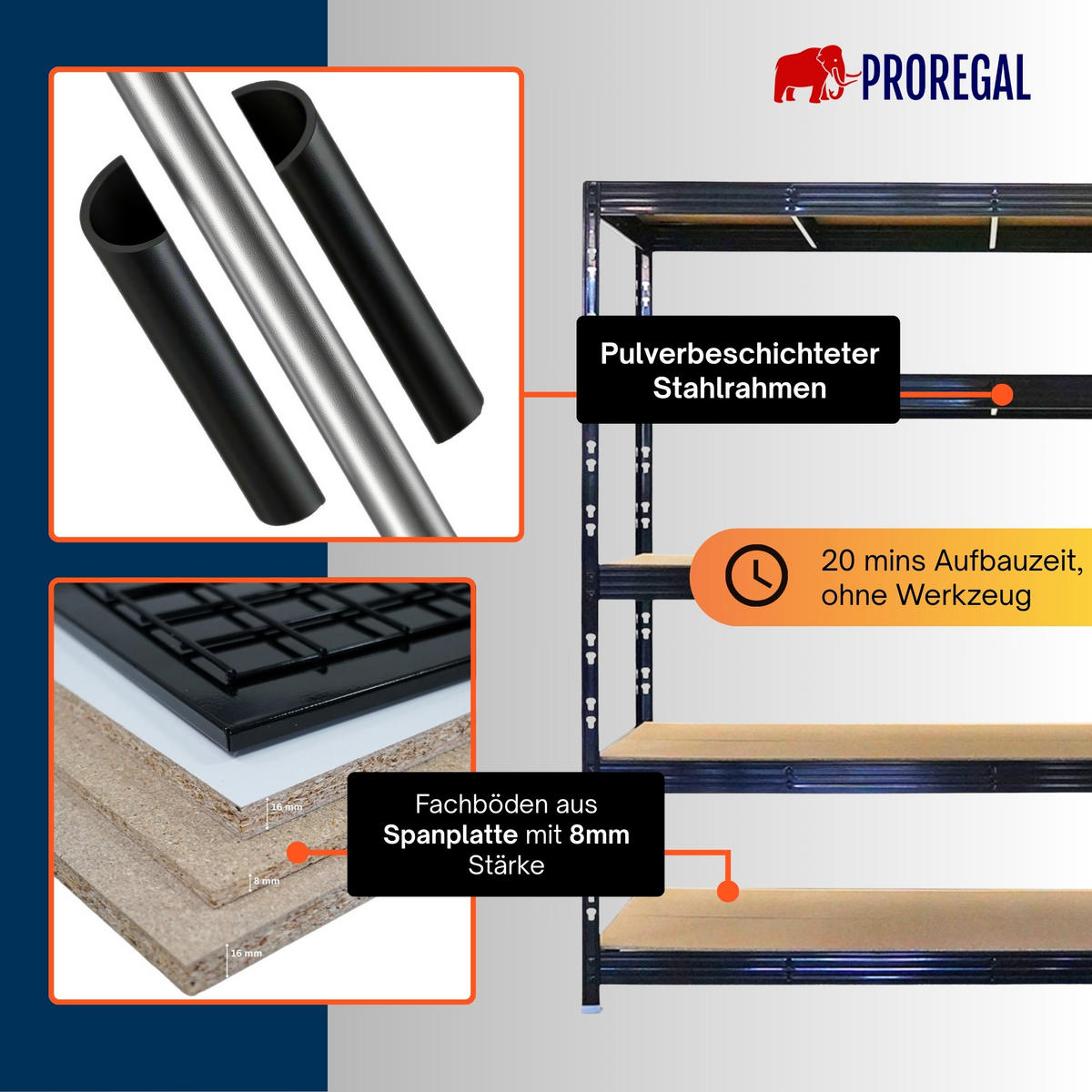 SCHWERLASTREGAL Rhino 200x200x60 cm 5 Spanplatten-Ebenen 8mm Fachlast 500 kg Schwarz - Schwarz, Metall (200/200/60cm) - PROREGAL