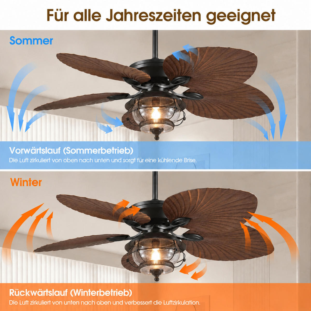 DECKENVENTILATOR Braun 132 cm mit Flügeln in Palmblatt-Optik und LED - Braun, Metall (132/132/57cm) - Surtime