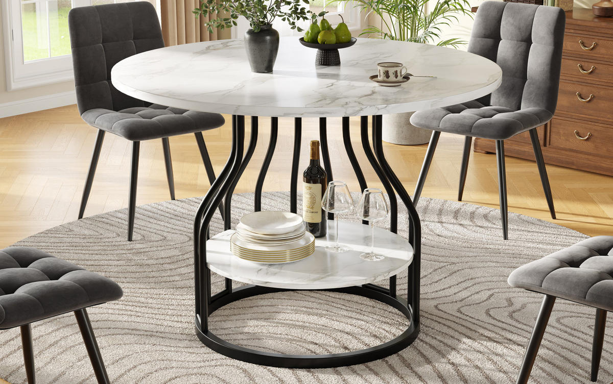 ESSTISCH 80x80x76 cm in Weiß und Schwarz aus MDF mit Marmoroptik und Stauraum - Weiß, Holzwerkstoff (80/80/76cm) - Modfu