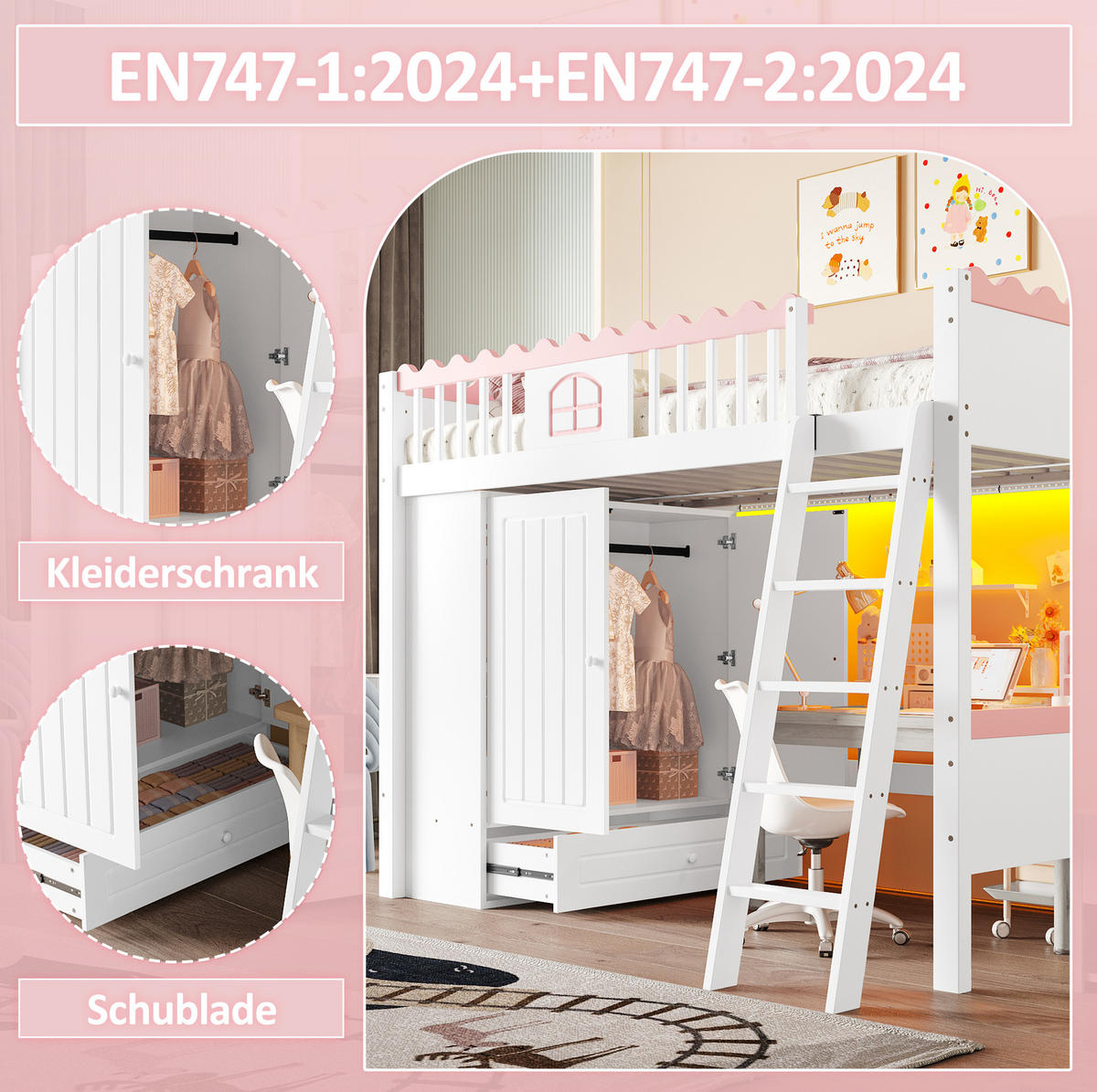HOCHBETT 90/200 cm aus Kiefer und MDF mit Kleiderschrank, Schublade und LED Weiß - Weiß, Holz (90/200cm) - Modenvie