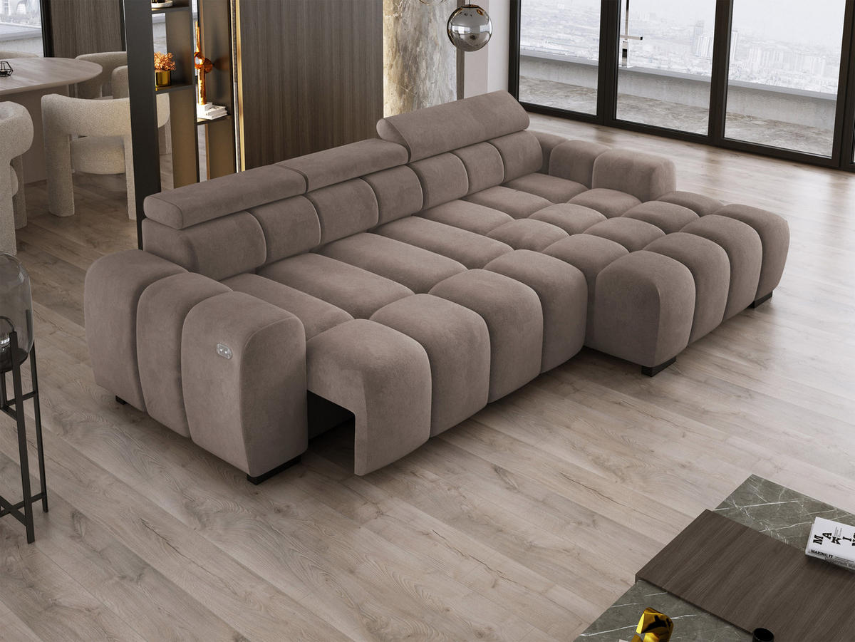 ECKSOFA OMBO 285x168x77/97 cm, Rechts, Schlaffunktion, elektr. Sitz, Kopfstützen, Buche dunkel, hydrophober SALVADOR-Stoff – Cappuccino - Cappuccino, Holz/Textil (285/168cm) - DomoHome
