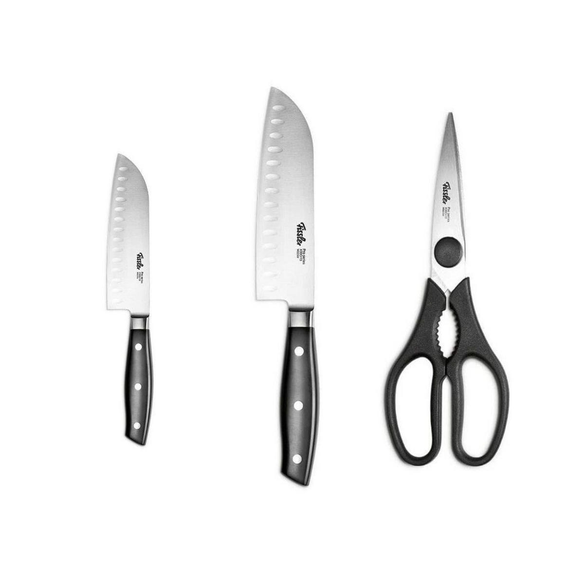 KÜCHENMESSER SET 3-tlg Schwarz Silber, Santokumesser 130 mm, 165 mm, Küchenschere, Edelstahl, Schneidemesser, Küchenzubehör, Profi Messer - Silberfarben/Schwarz, Kunststoff/Metall - Fissler