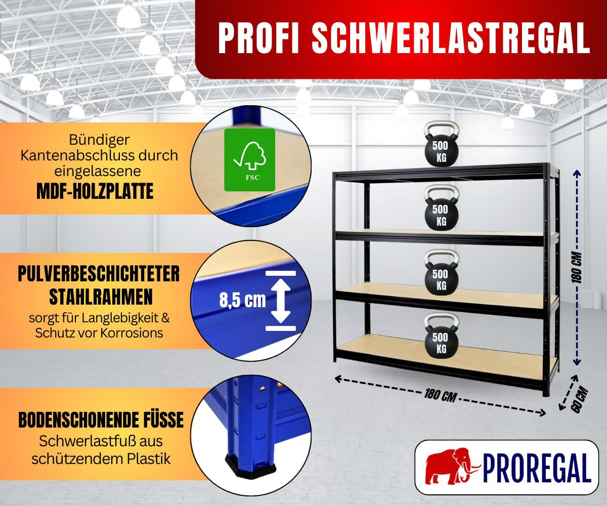 SCHWERLASTREGAL Dino 180x180x60 cm Fachlast 500 kg Schwarz - Schwarz, Metall (180/180/60cm) - PROREGAL