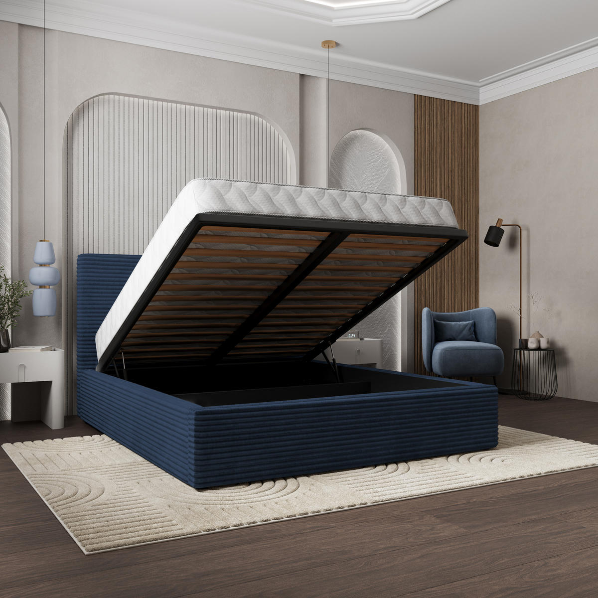 POLSTERBETT MIRETTI 160x200 cm mit Bettkästen - Blau - Blau, Holz (160/200cm) - MASSENO