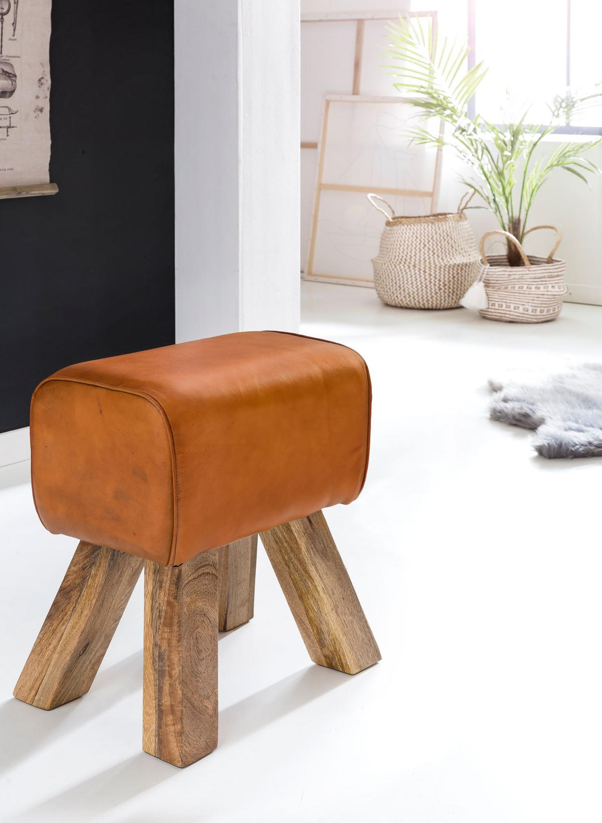SITZHOCKER Retro Landhaus Holzbeine, Braun 40x30x47 cm - Braun, Mangoholz/Leder (40/47/30cm) - KADIMA DESIGN