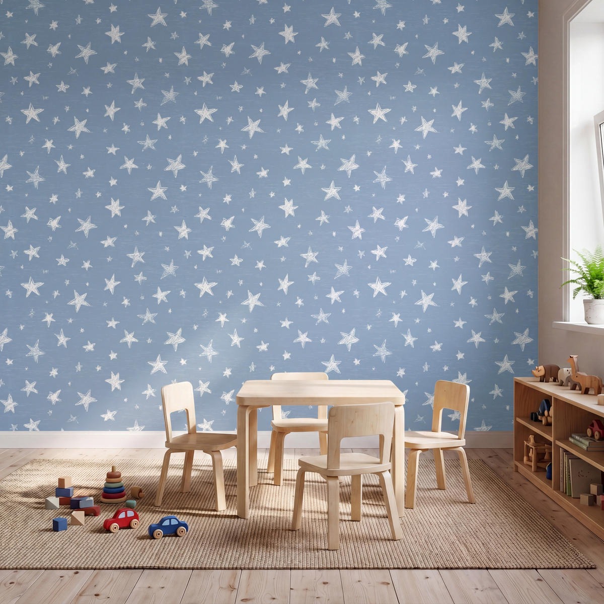 KINDERTAPETE - Sterne - Muster - Blau - 350x300 cm - Hellblau, Papier (350/300cm) - OnlyWow