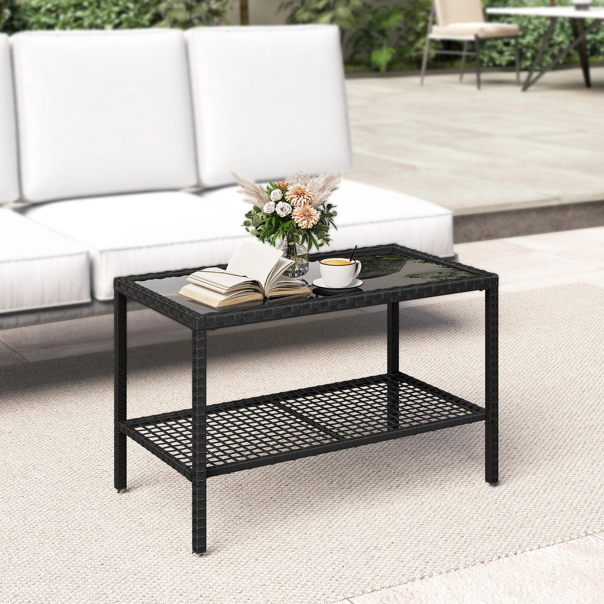 COUCHTISCH PE-Rattan Schwarz - Schwarz, Glas/Metall (92/50/45cm) - Outsunny