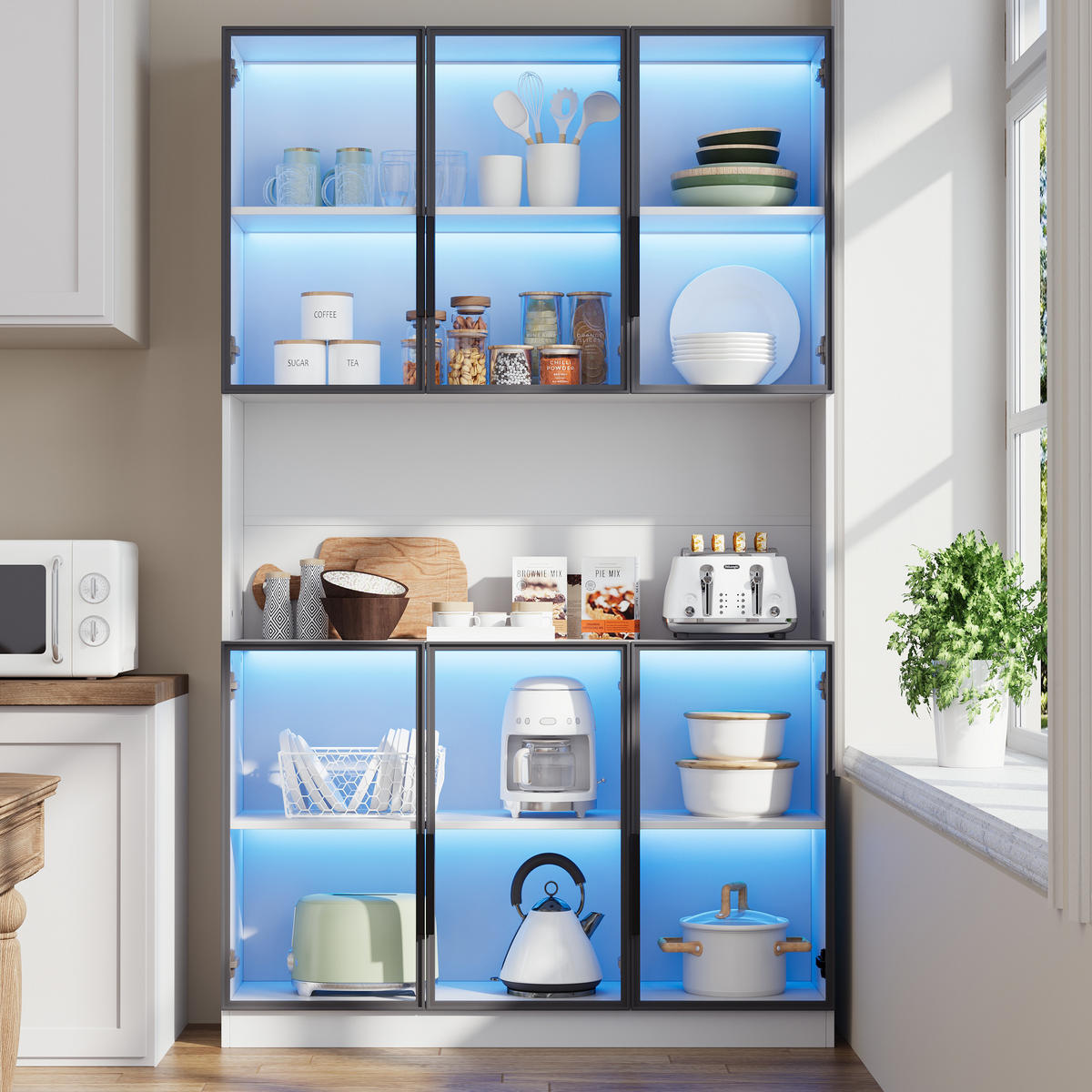 VITRINE in Weiß Highboard mit 6 Türen, LED & Glasfront, Hochschrank für Wohnzimmer/Esszimmer, B120/T34/H200cm - Weiß, Glas/Holzwerkstoff (120/200/34cm) - STILVORA