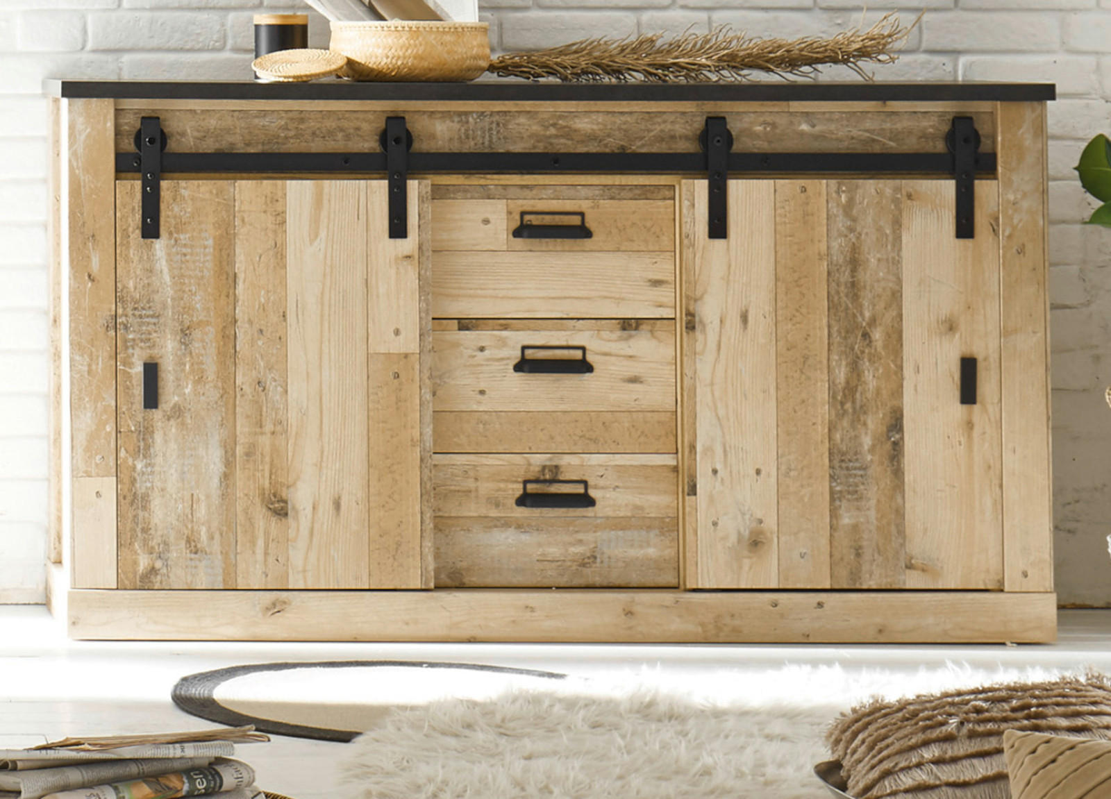 SIDEBOARD Used Wood hell, anthrazit 162 cm, Kommode mit Soft-Close - Anthrazit/Schwarz, Holzwerkstoff/Metall (162/91/43cm) - Furn.Design