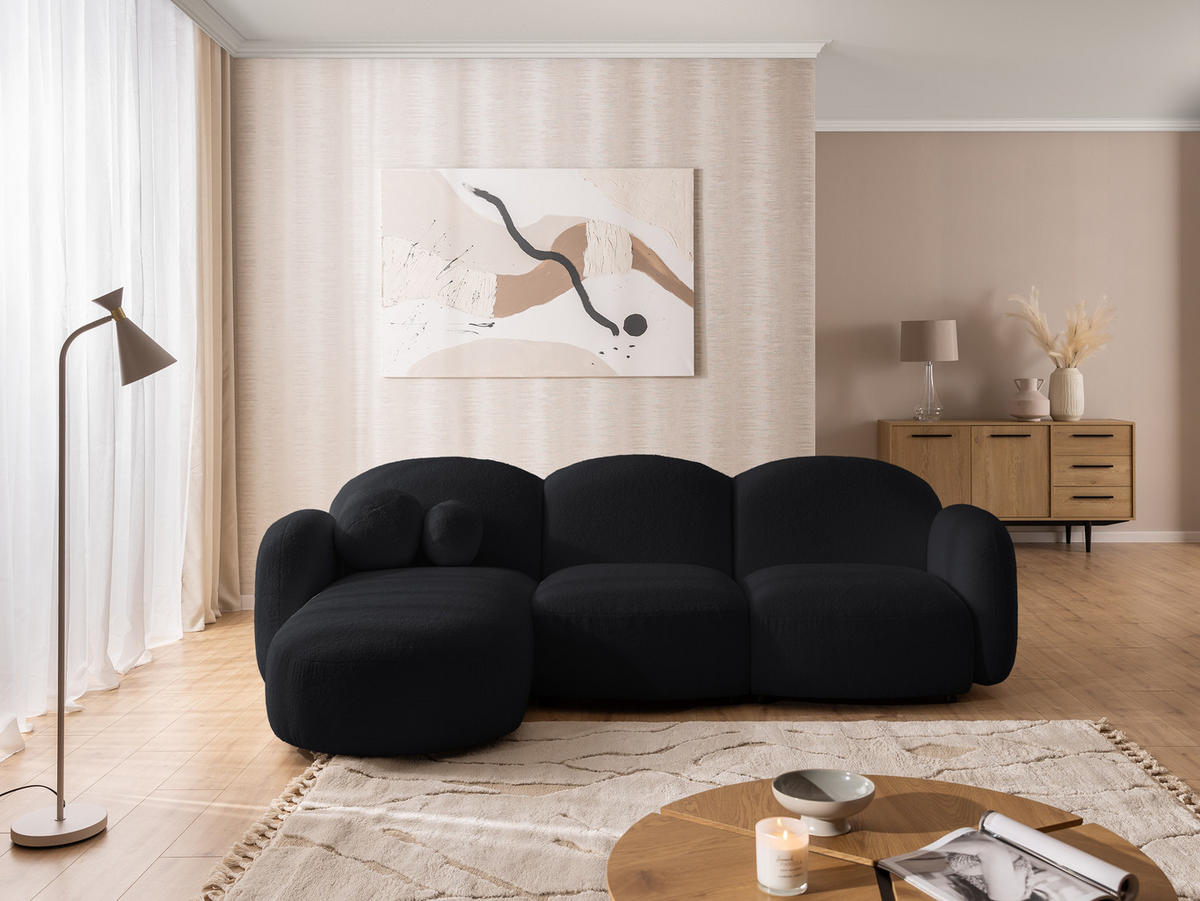 ECKSOFA Nuvola mit abgerundetem Design Schwarz Bouclé-Stoff - Ottomane Links - Schwarz, Holz/Kunststoff (268/146cm) - S-Style Möbel