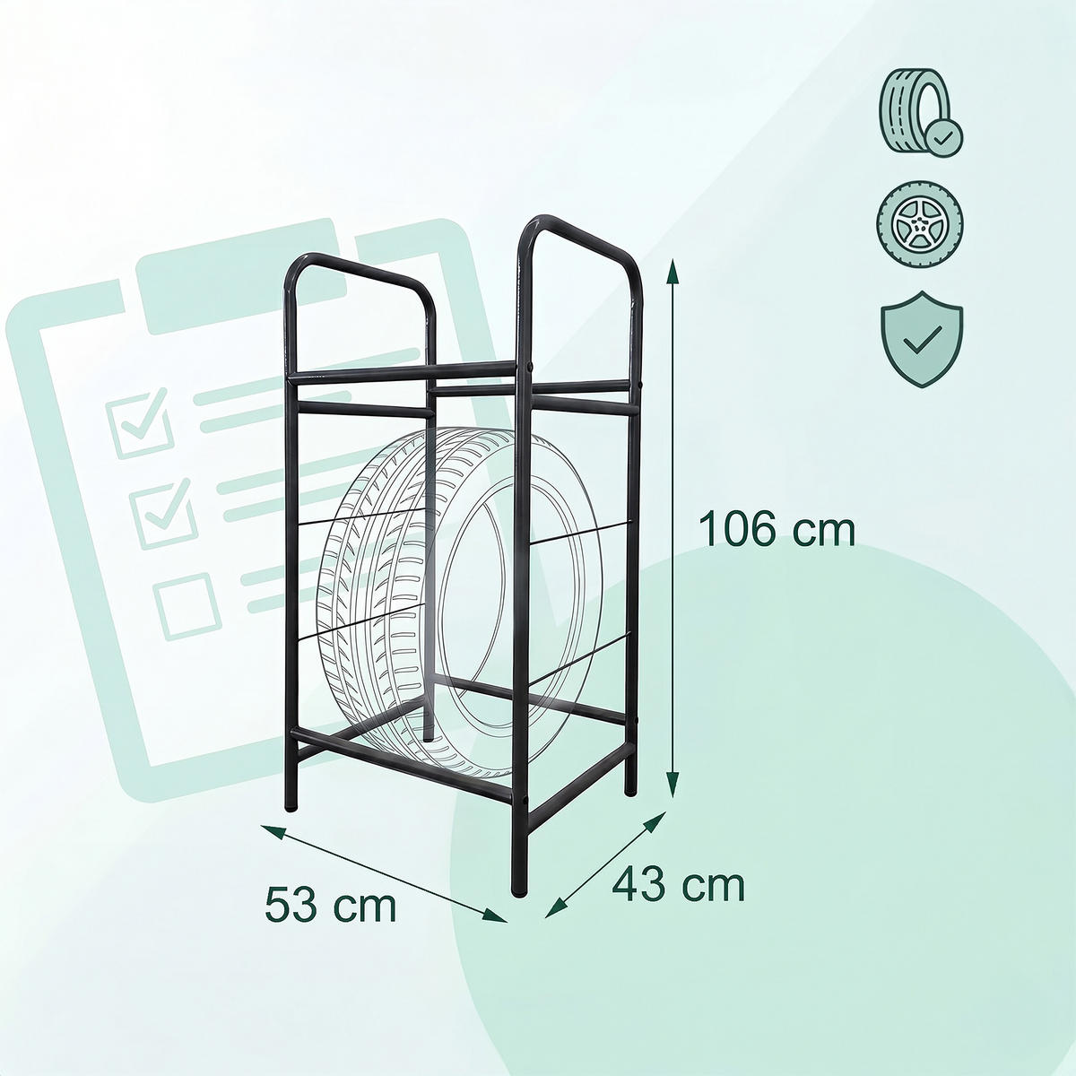 REGÁL na pneu - černá, kov (53/106/46cm) - Relaxdays