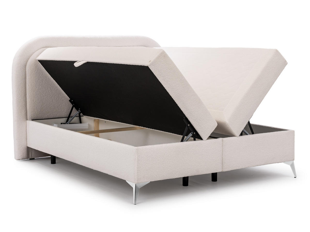 BOXBETT Sonna 160/200 cm Weiß Bouclé-Stoff mit abgerundetem Kopfteil und mit silbernen Metallfüßen - Silberfarben/Weiß, Holz/Textil (160/200cm) - S-Style Möbel