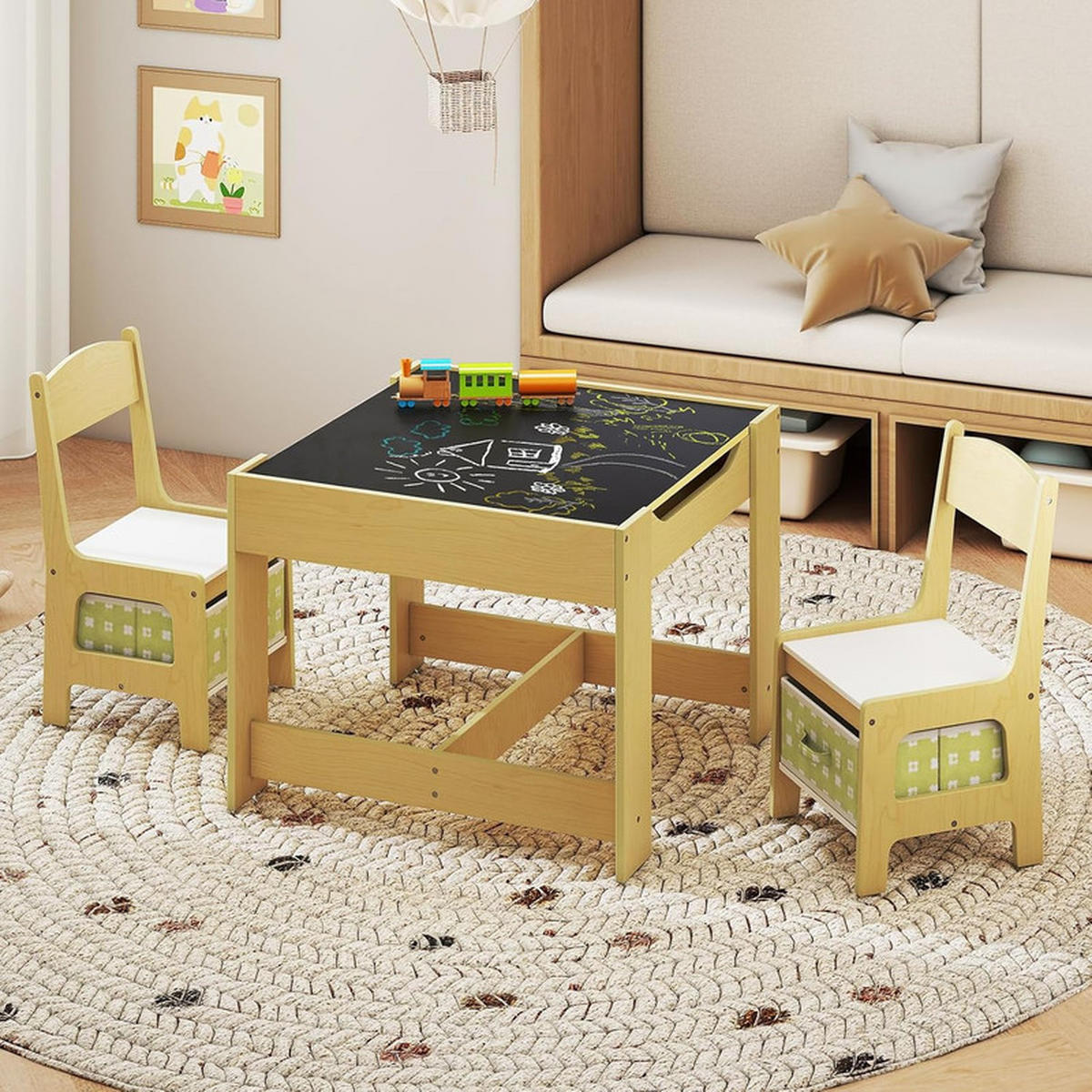 KINDERSITZ‑SET mit Stuhl grün(3-tlg) - Grün, Holzwerkstoff (62/48/62cm) - COSTWAY