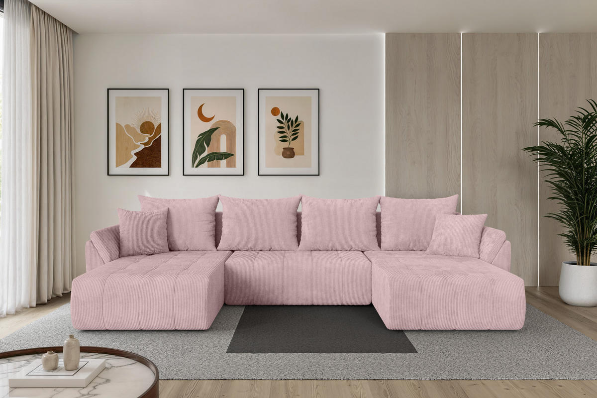 SEDACÍ SOUPRAVA DO U s funkcí spaní a úložným prostorem TOKO-U 378x194x86 růžová manšestr - růžová/černá, kompozitní dřevo/textil (378/86/194cm) - ALTDECOR