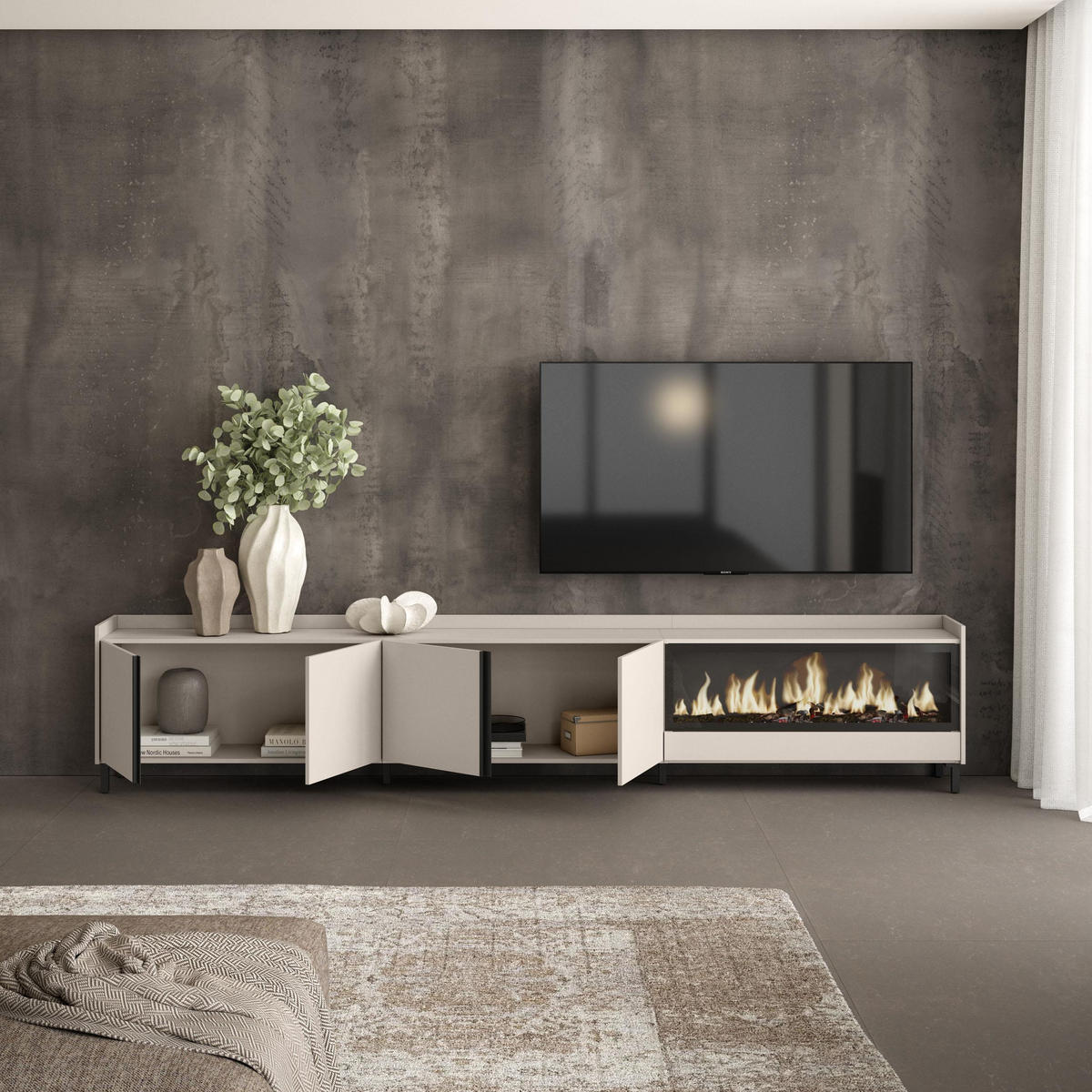 LOWBOARD, Beige, 315/35/61cm, Kamin mit Feuereffekt XXL - Beige, Holzwerkstoff (315/61/35cm) - Skraut Home