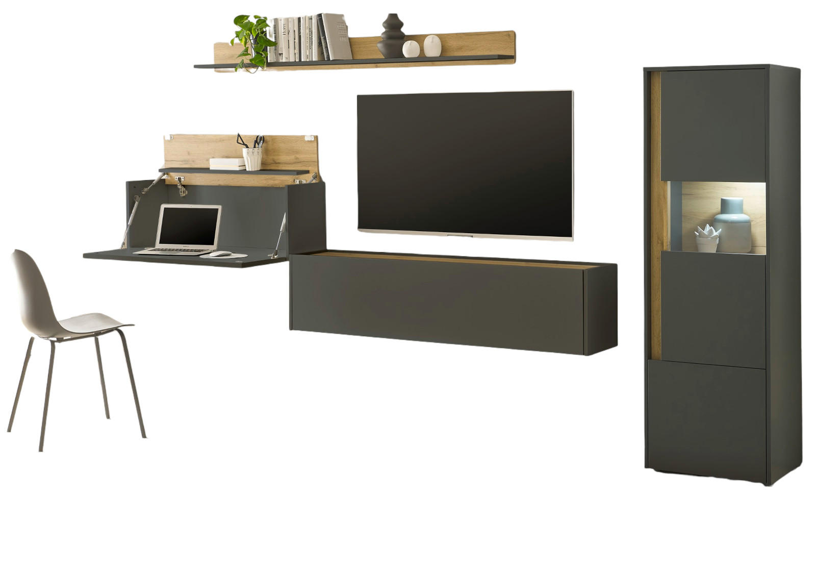 WOHNWAND grau matt, Eiche Wotan 320 cm, Wohnkombination mit Sekretär - Eiche Wotan/Grau, Glas/Holzwerkstoff (320/170/40cm) - Furn.Design