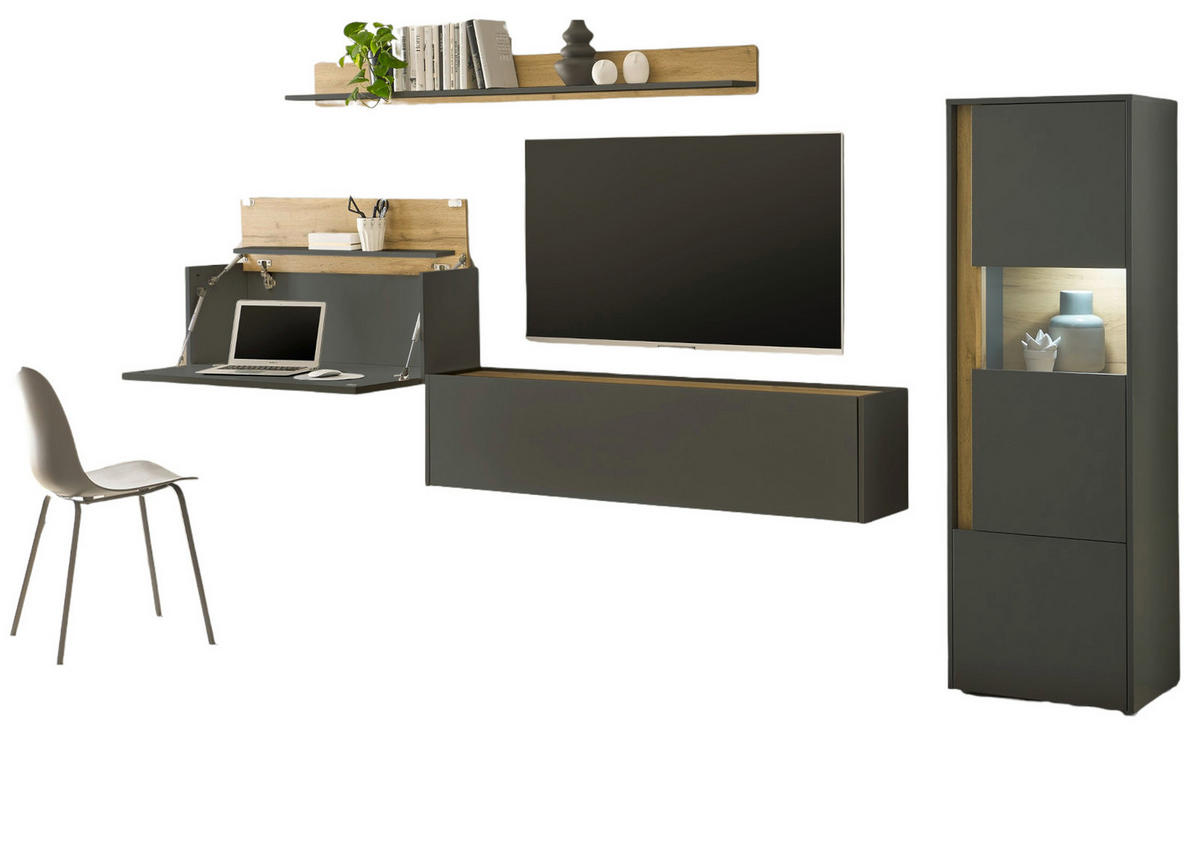 WOHNWAND grau matt, Eiche Wotan 320 cm, Wohnkombination mit Sekretär - Eiche Wotan/Grau, Glas/Holzwerkstoff (320/170/40cm) - Furn.Design