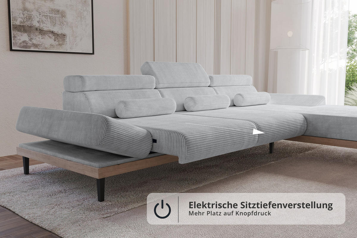 ELEKTRISCHES ECKSOFA Rechts MONA 316x205x85 Grau Cord - Schieferfarben/Grau, Holzwerkstoff/Textil (316/205cm) - ALTDECOR