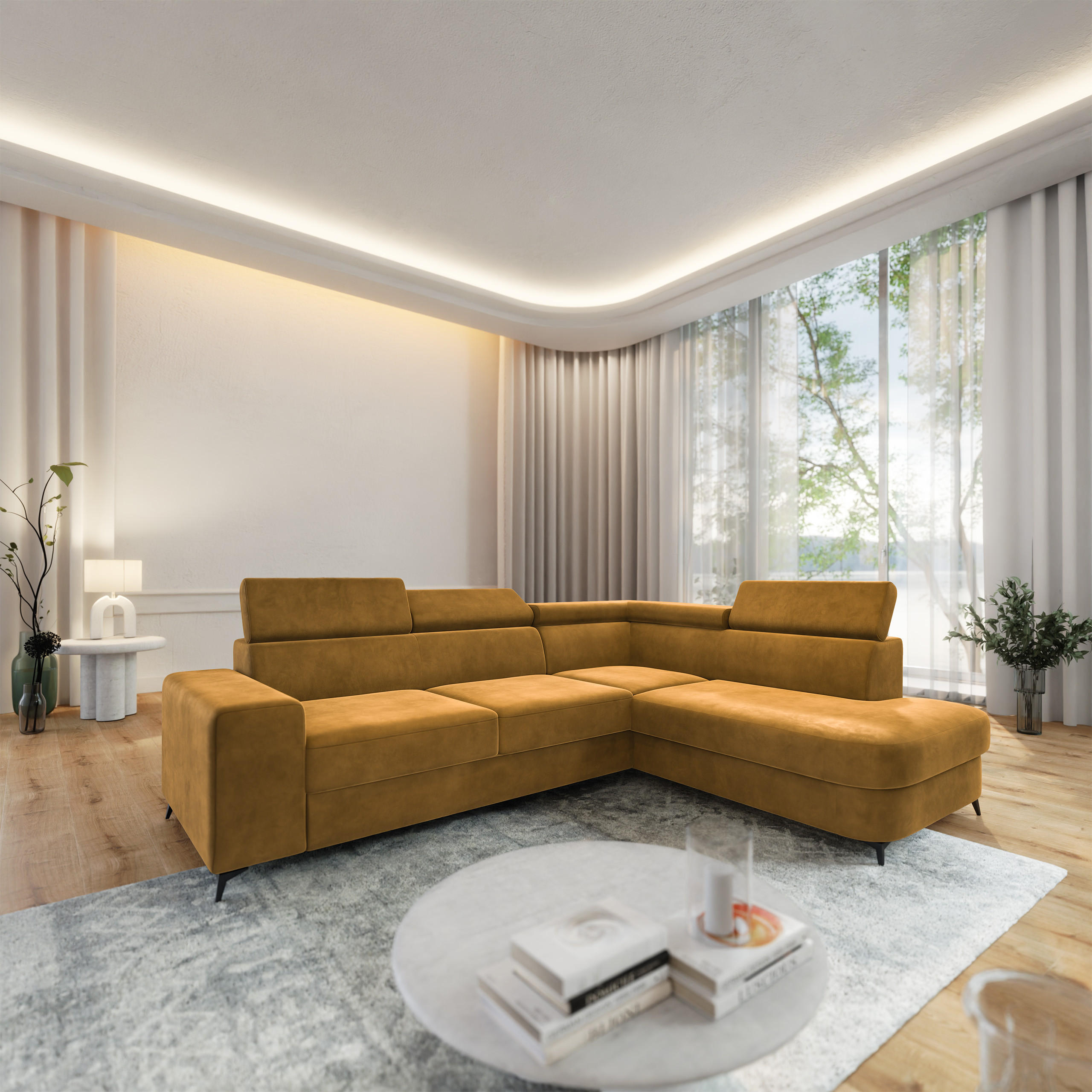 ECKSOFA ALVORO R-S Gelb Velours-Stoff mit Schlaffunktion - Gelb, Holz (253/190cm) - MASSENO