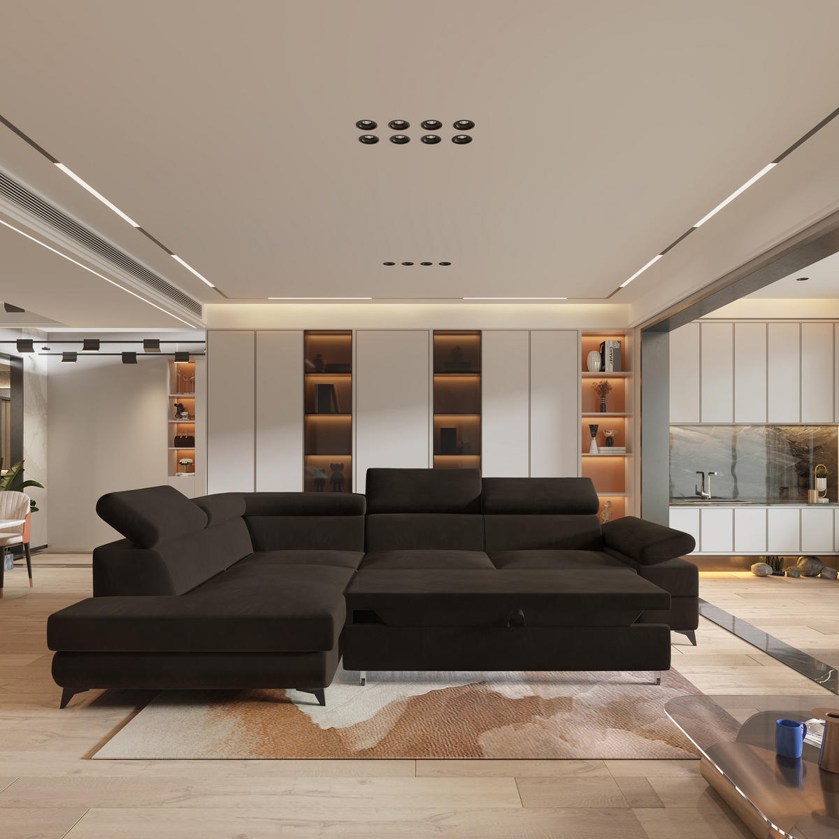 ECKSOFA FAVIEN L-S Braun Velours-Stoff mit Schlaffunktion - Braun, Holz (257/190cm) - MASSENO