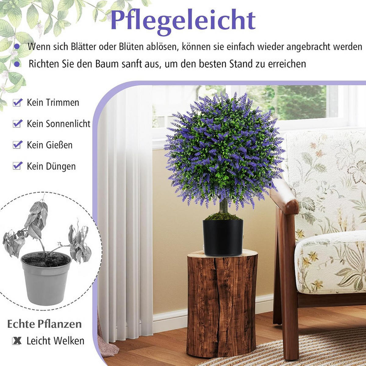 KUNSTPFLANZE mit lavendelfarbenen Blättern grün(2er-Set) - Grün, Kunststoff (58cm) - COSTWAY