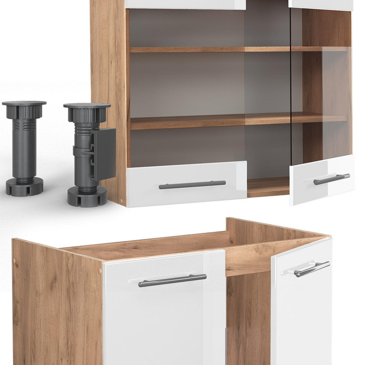 KÜCHENZEILE Fame-Line Weiß Hochglanz/Goldkraft Eiche 235 cm, AP Eiche - Weiß Hochglanz/Eiche Wotan, Holzwerkstoff (235/81.6/60cm) - Vicco
