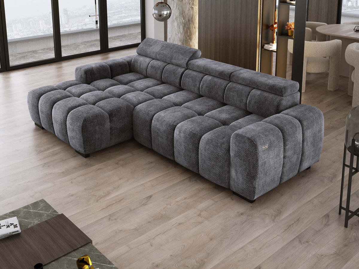 ECKSOFA OMBO 285x168x77/97 cm, Links, Schlaffunktion, elektr. Sitz, Kopfstützen, hydrophober EDEN-Stoff – Graphit - Anthrazit, Holz/Textil (168/285cm) - DomoHome