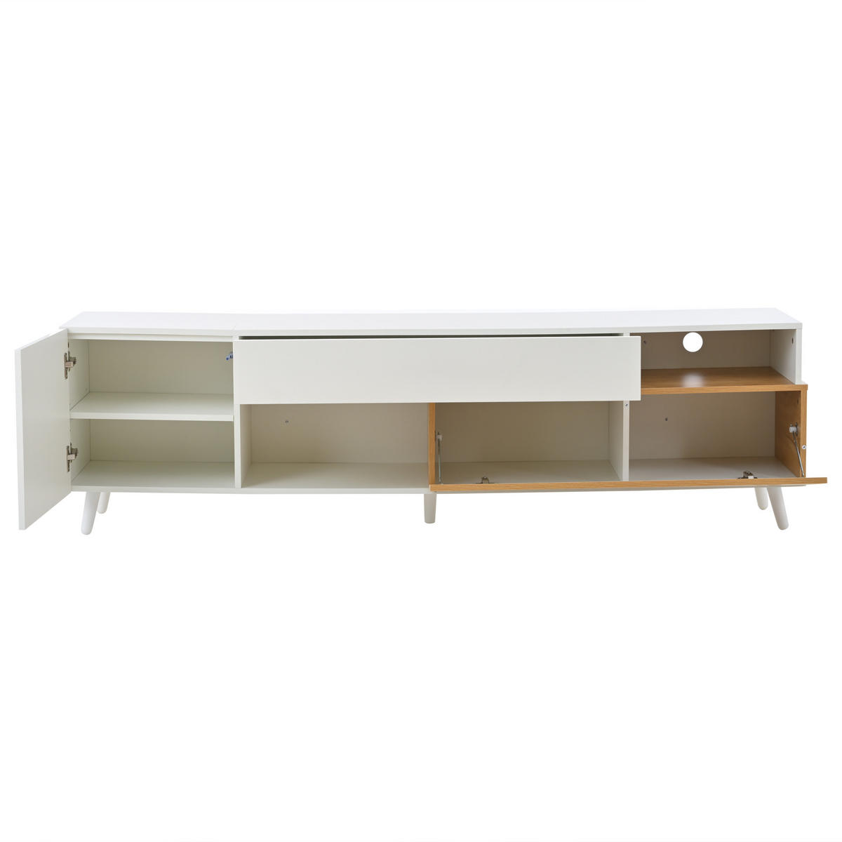 FERNSEHSCHRANK aus Spanplatte 180x38x50 cm Weiß/Naturfarben mit Hochglanzfront, 1 Schublade und 7 Fächern - Hellbraun, Holzwerkstoff (180/50/38cm) - Modfu