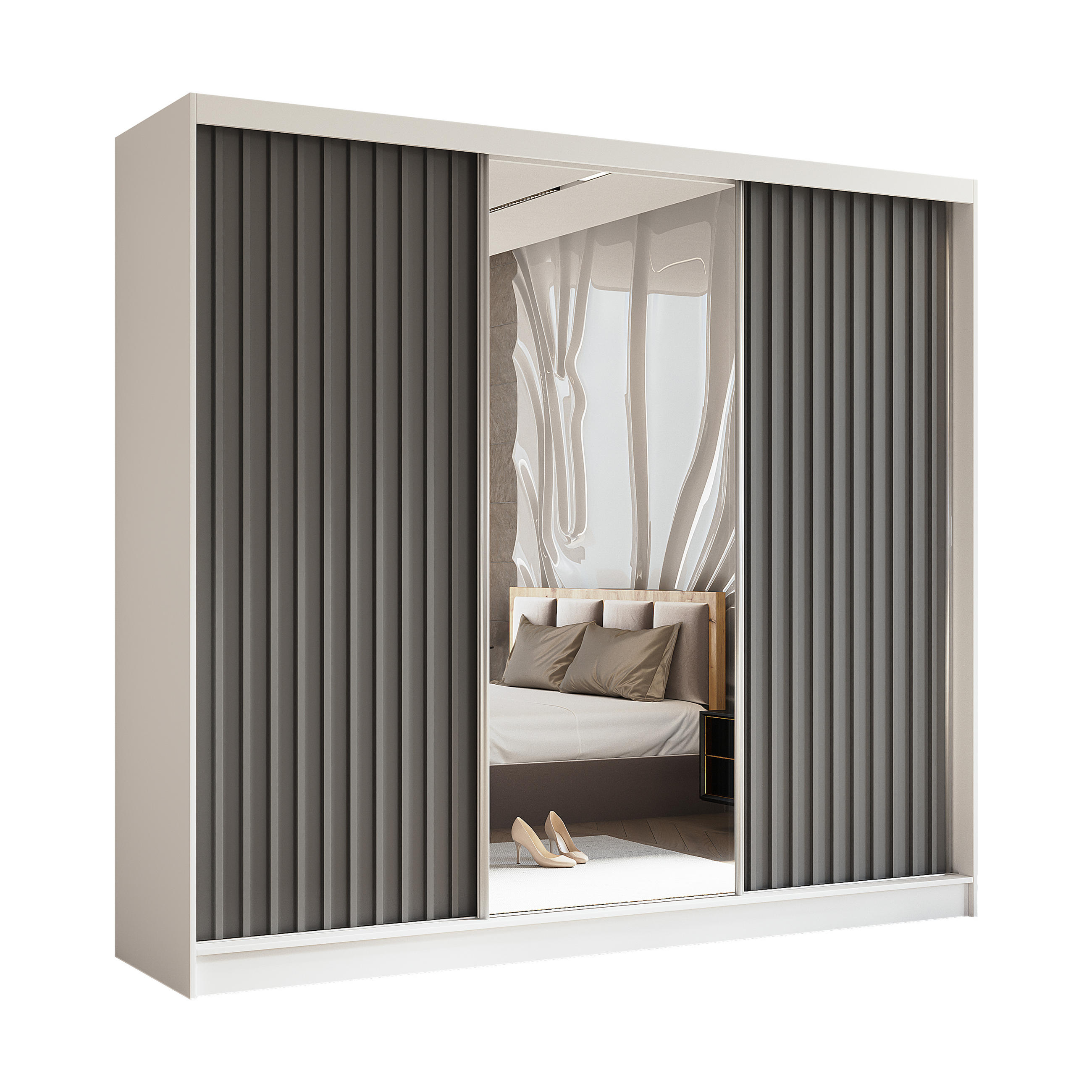 SCHWEBETÜRENSCHRANK Cabinio Weiß Grau 240/216/61 cm – mit Spiegel und Lamellen - Weiß/Grau, Holzwerkstoff/Kunststoff (240/216/61cm) - AX Living