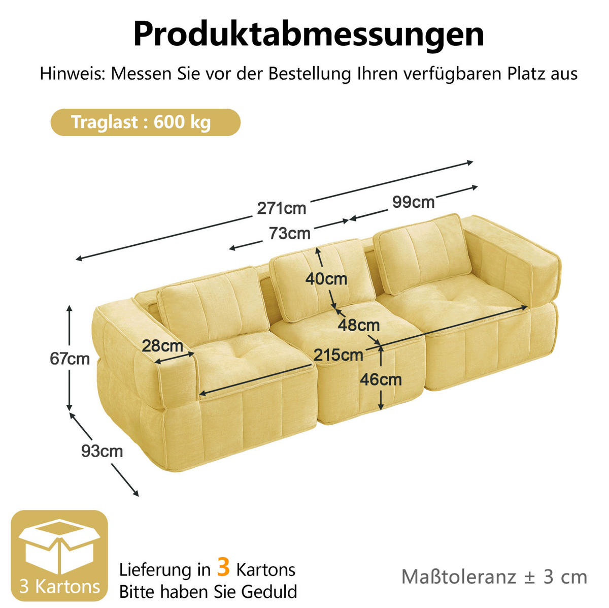 SOFA modular 3-Sitzer Polyester Yellow - Gelb, Textil (217/67/93cm) - IVMEU
