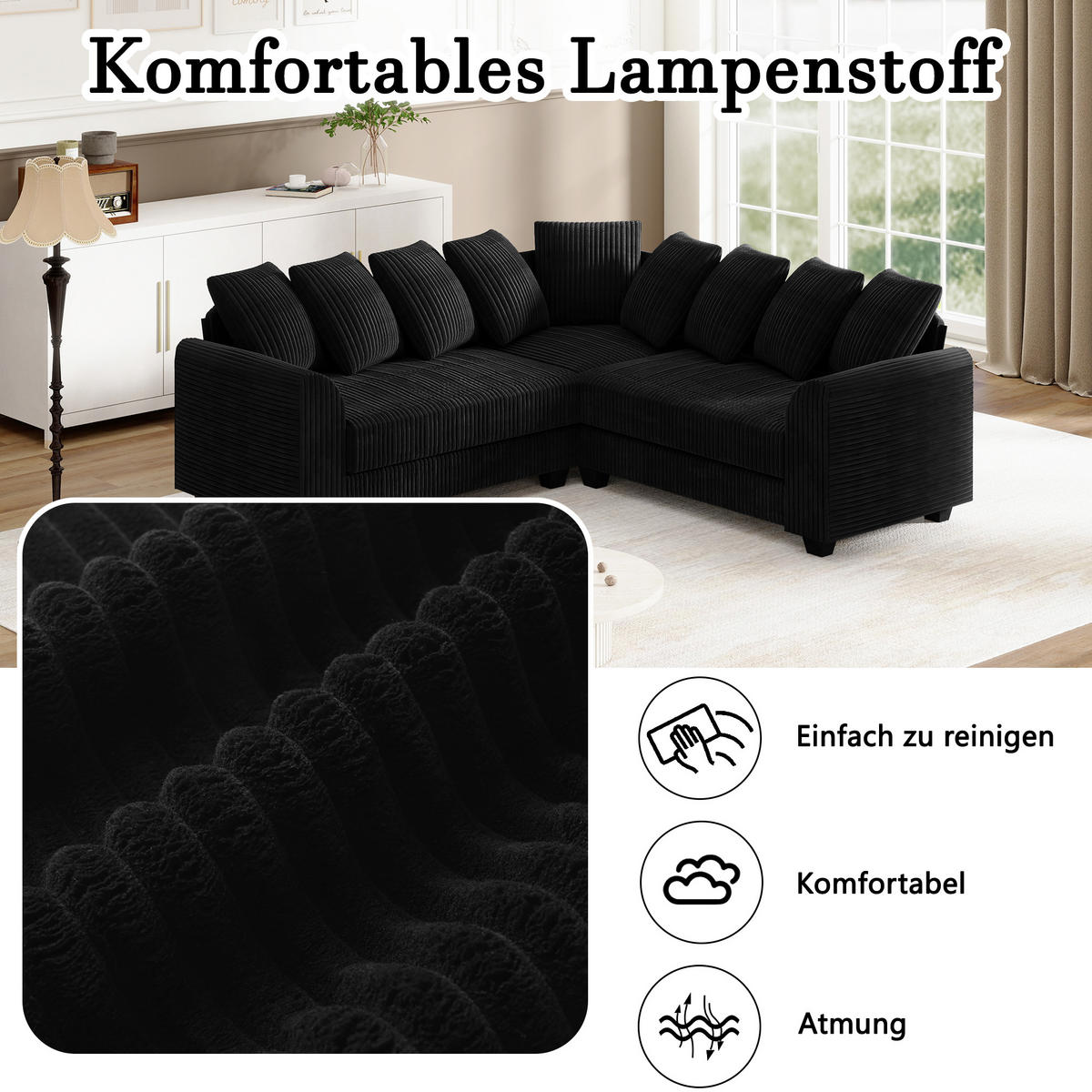 MODULARES L-Ecksofa Cord mit 9 Kissen 202/202/74 cm Schwarz - Schwarz, Textil (202/202cm) - Redom