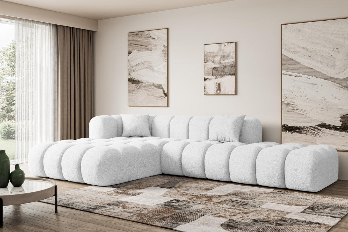 ECKSOFA Ottomane Links OLEA-L2 - 289x176x71 cm Weiß Bouclé - Schwarz/Weiß, Holzwerkstoff/Kunststoff (190/309cm) - ALTDECOR