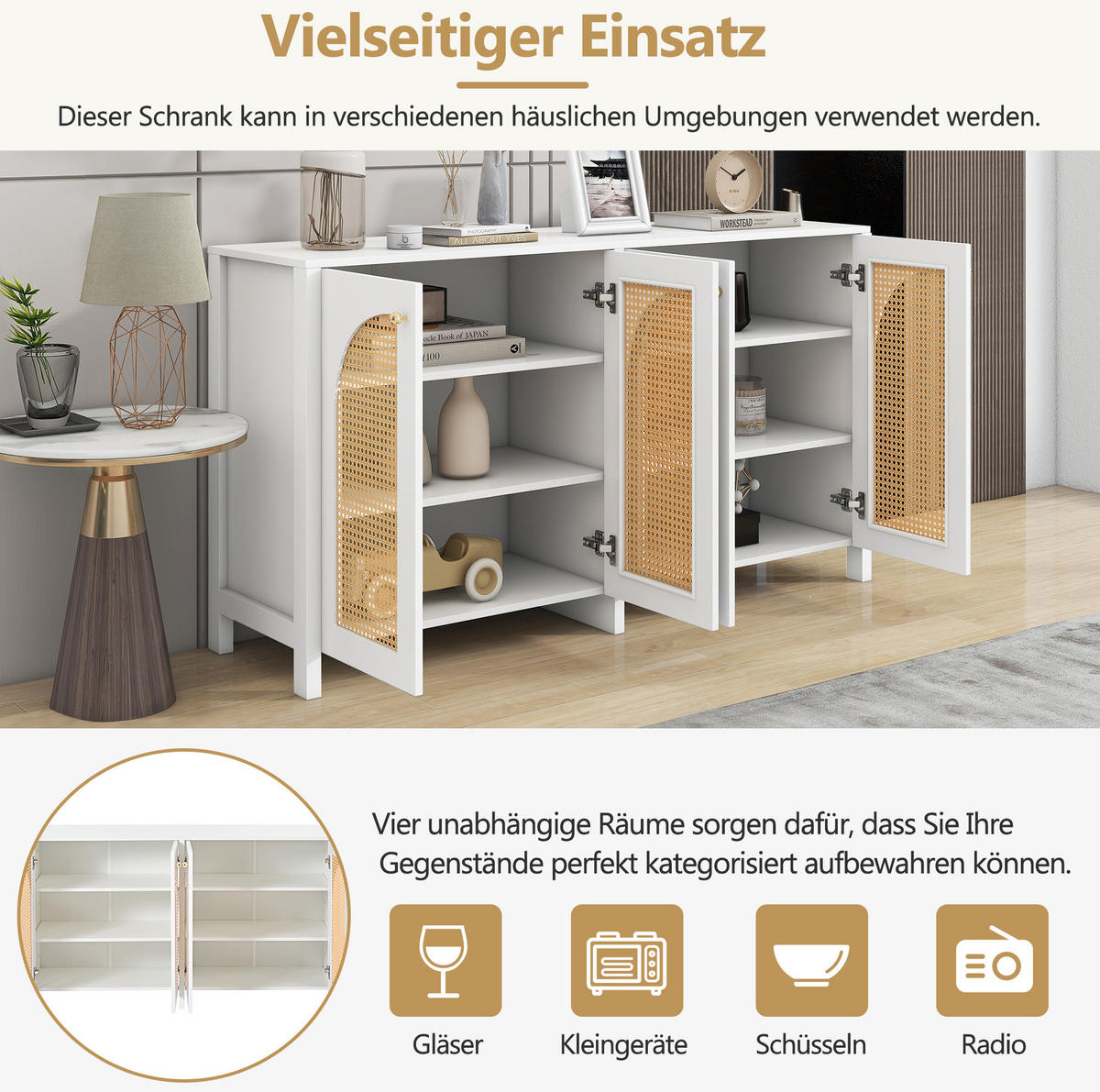 SIDEBOARD 145/80/40 cm Weiß aus MDF mit 4 Kunst-Rattantüren - Weiß, Holzwerkstoff (80/40/145cm) - OKMYHOME