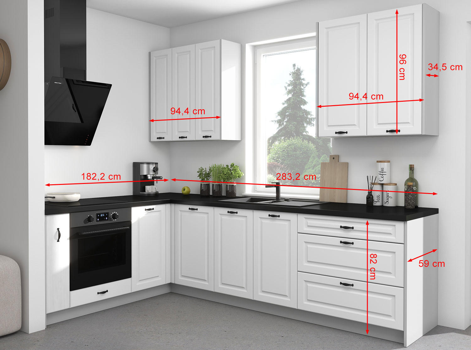 WINKELKÜCHE Elbing light grey stone matt / grau matt 284 / 183 / 228cm mit Teilauszug (Blum Metabox) - Hellgrau/Grau, Holzwerkstoff/Metall (284/228/183cm) - Feldmann-Wohnen