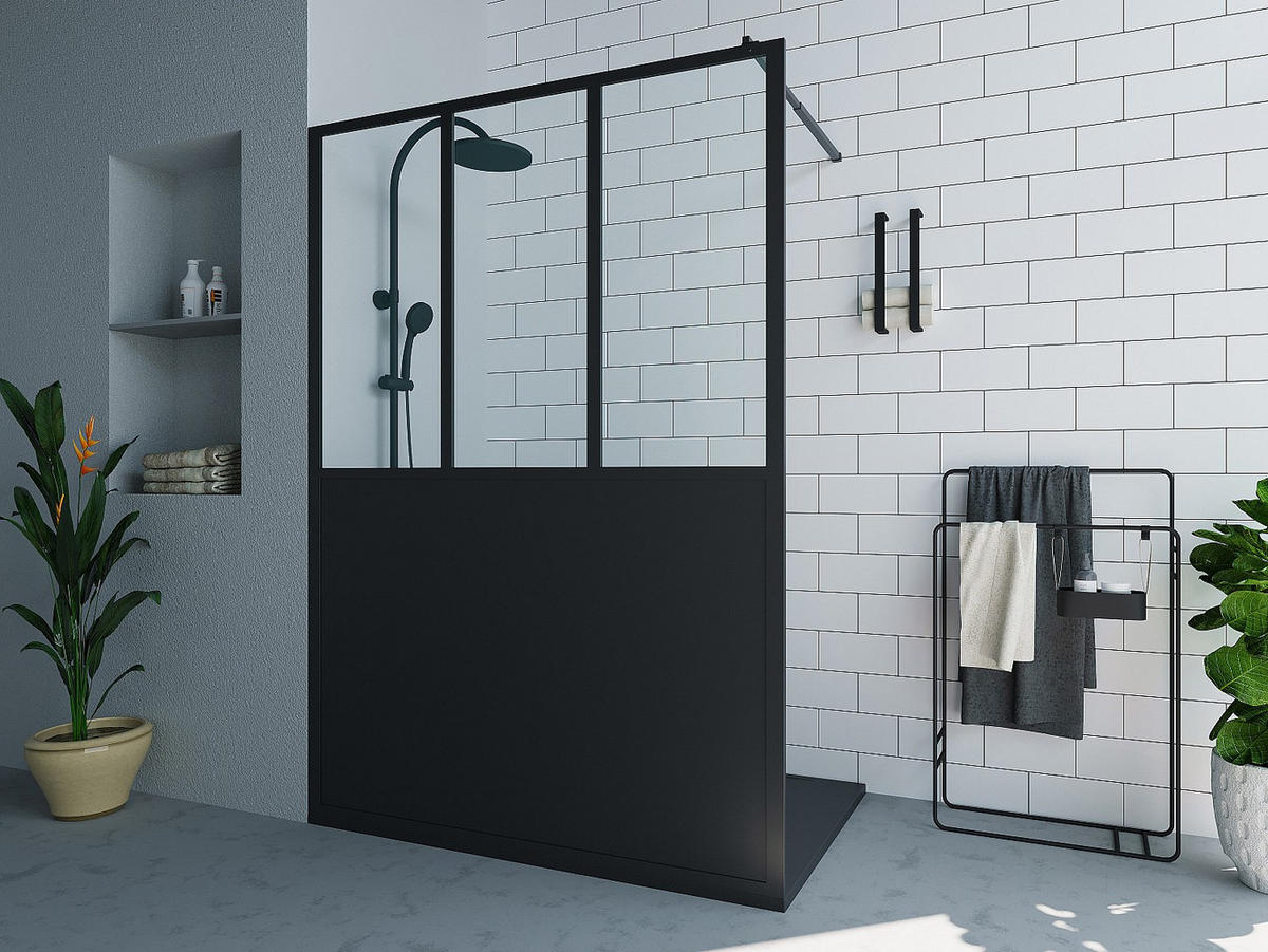 DUSCHTRENNWAND Seitenwand italienische Dusche - Schwarz matt - Industrial Style - 140 x 200 cm - URBANIK - Schwarz, Metall (140/200cm) - Vente-Unique