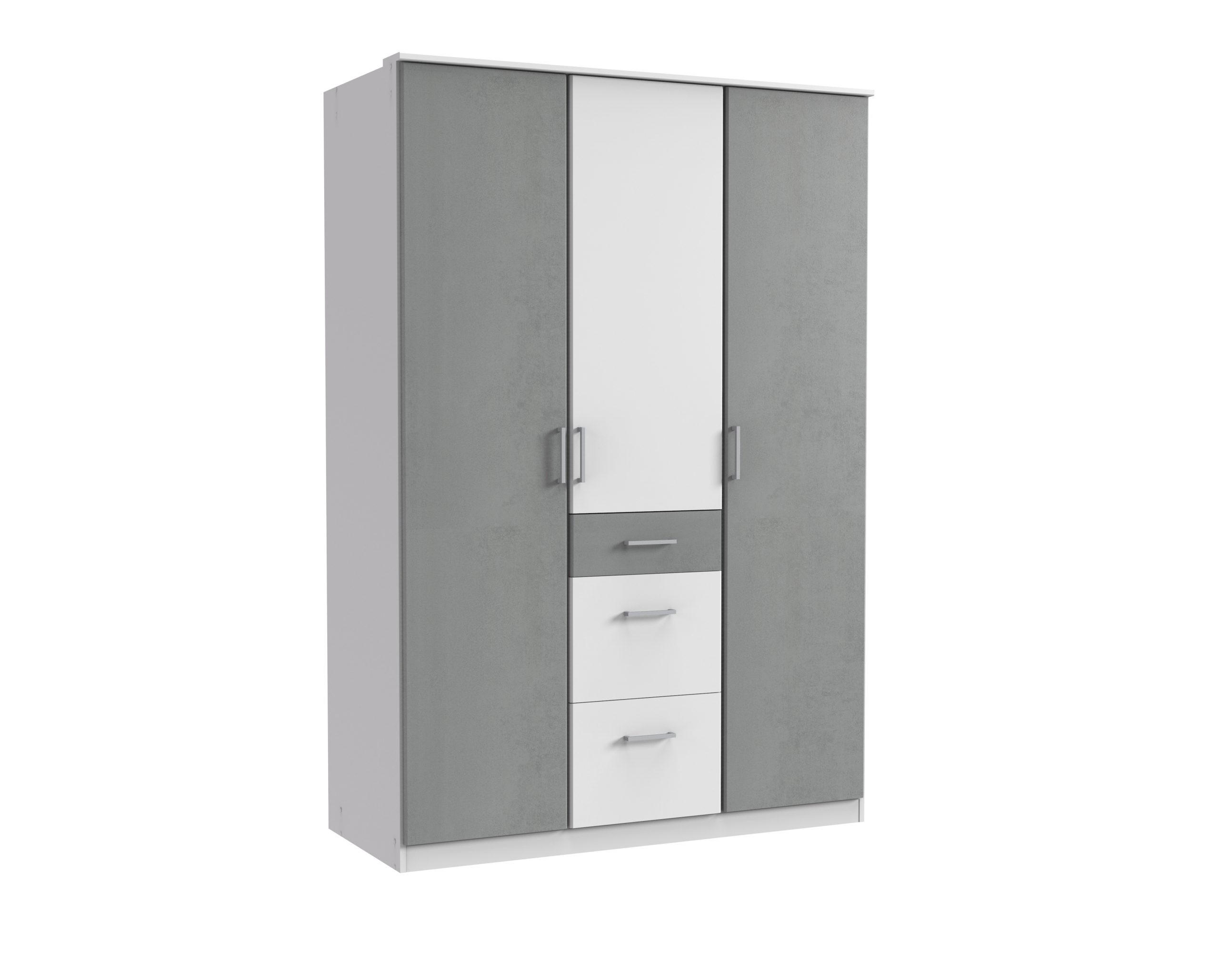 KLEIDERSCHRANK Click in Weiß mit Beton Lichtgrau - Drehtürenschrank 135 cm Breite ohne Spiegel - Weiß, Holzwerkstoff (135/199/58cm)