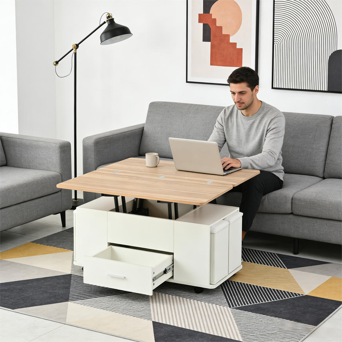COUCHTISCH höhenverstellbar Weiß 4-in-1 mit 4 Hockern Schubladen - Weiß, Holzwerkstoff (100/50/45cm) - FLIEKS