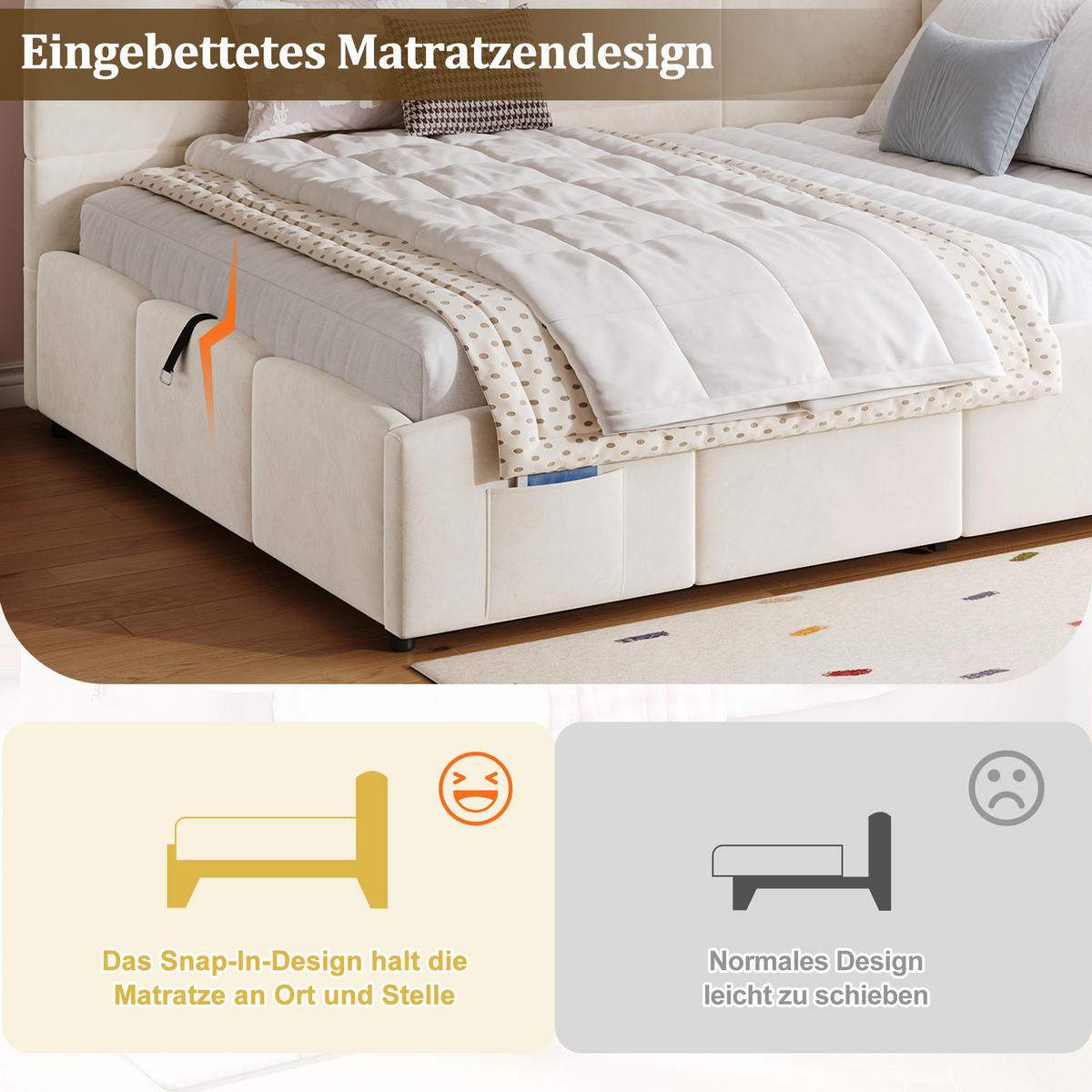 KINDERBETT Beige Samt 140x200 USB Stauraum Lattenrost - Beige, Textil (140/200cm) - FLIEKS