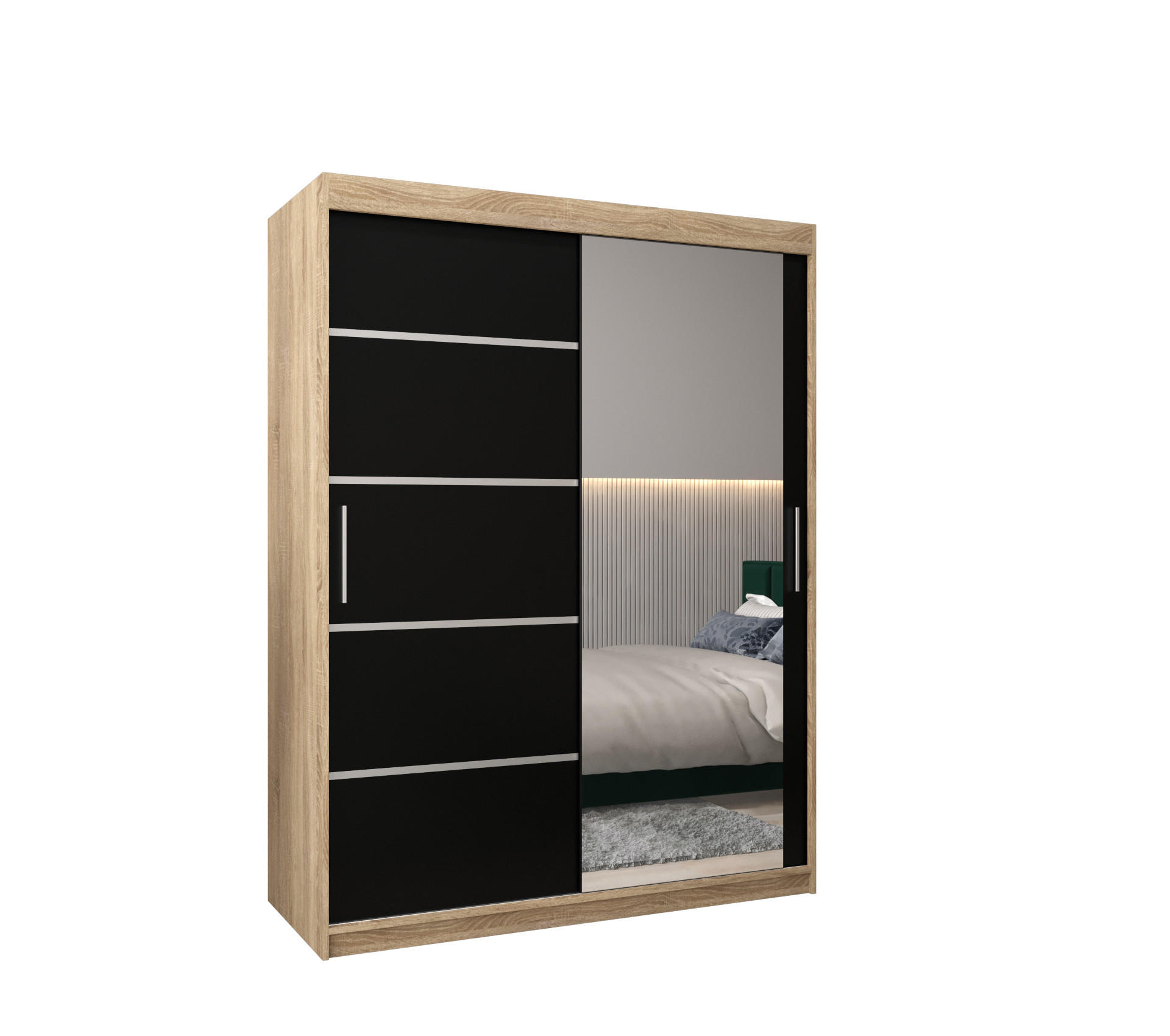 Abiks Möbel Schwebetürenschrank Sonoma Eiche, Schwarz, Silber 150x200x62 cm