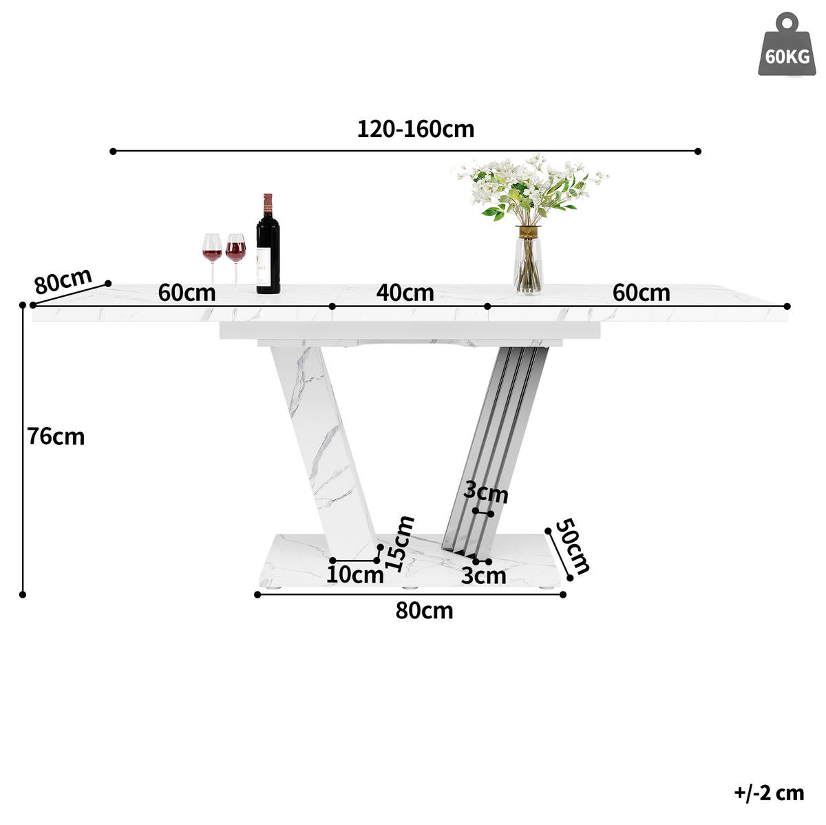 ESSTISCH 120/160/80/76 cm in Weiß mit Marmoroptik und Ausziehfunktion - Weiß, Holzwerkstoff (120/80/76cm) - Flora Grace
