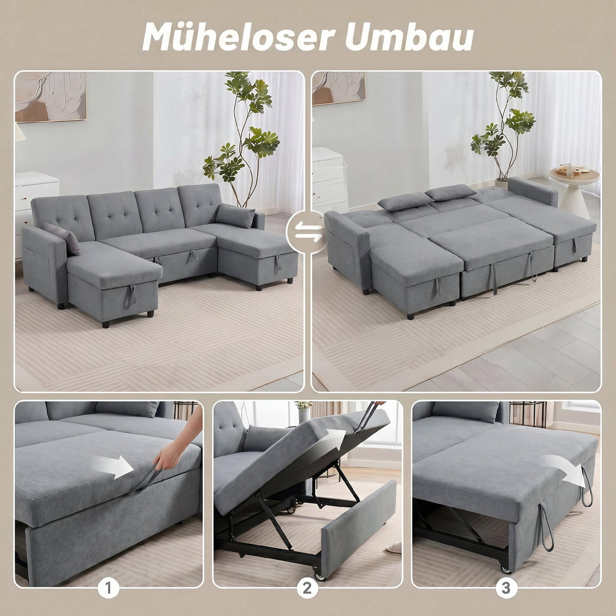 ECKSOFA mit Schlaffunktion Polyester Grau - Schwarz/Grau, Holz/Kunststoff (147/85/241cm) - HOMCOM