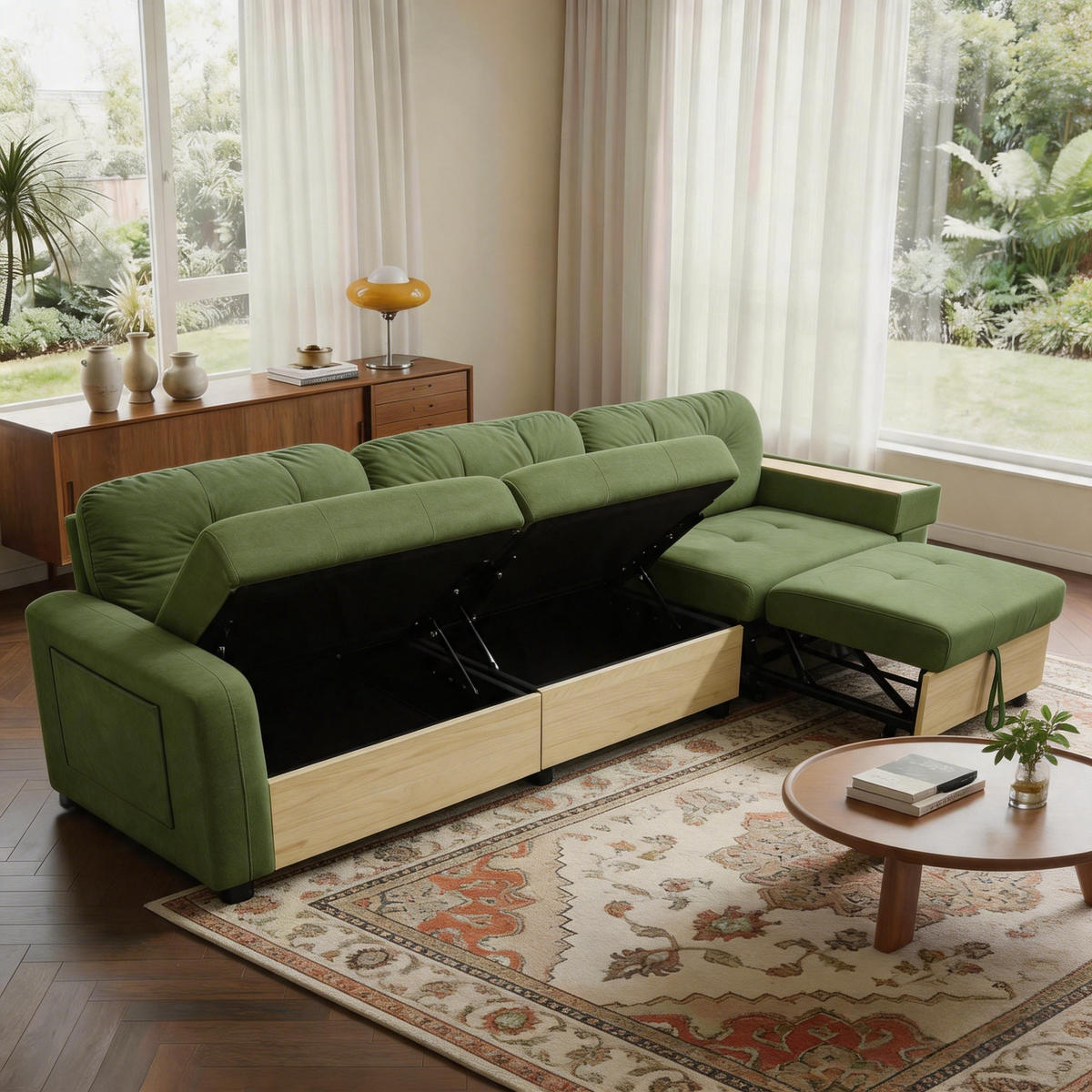 ECKSOFA 228/115/78 cm Grün mit Ausziehbarer Fußhocker, USB-Anschluss und Aufbewahrungstasche - Grün, Textil (228/80cm) - Oxeza