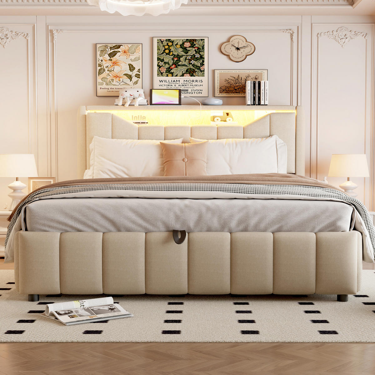 BOXBETT 140/200 mit Bettkasten, LED/USB-C, Lattenrost, Leinen, Beige - Beige, Holz/Textil (140/200cm) - LVHOM
